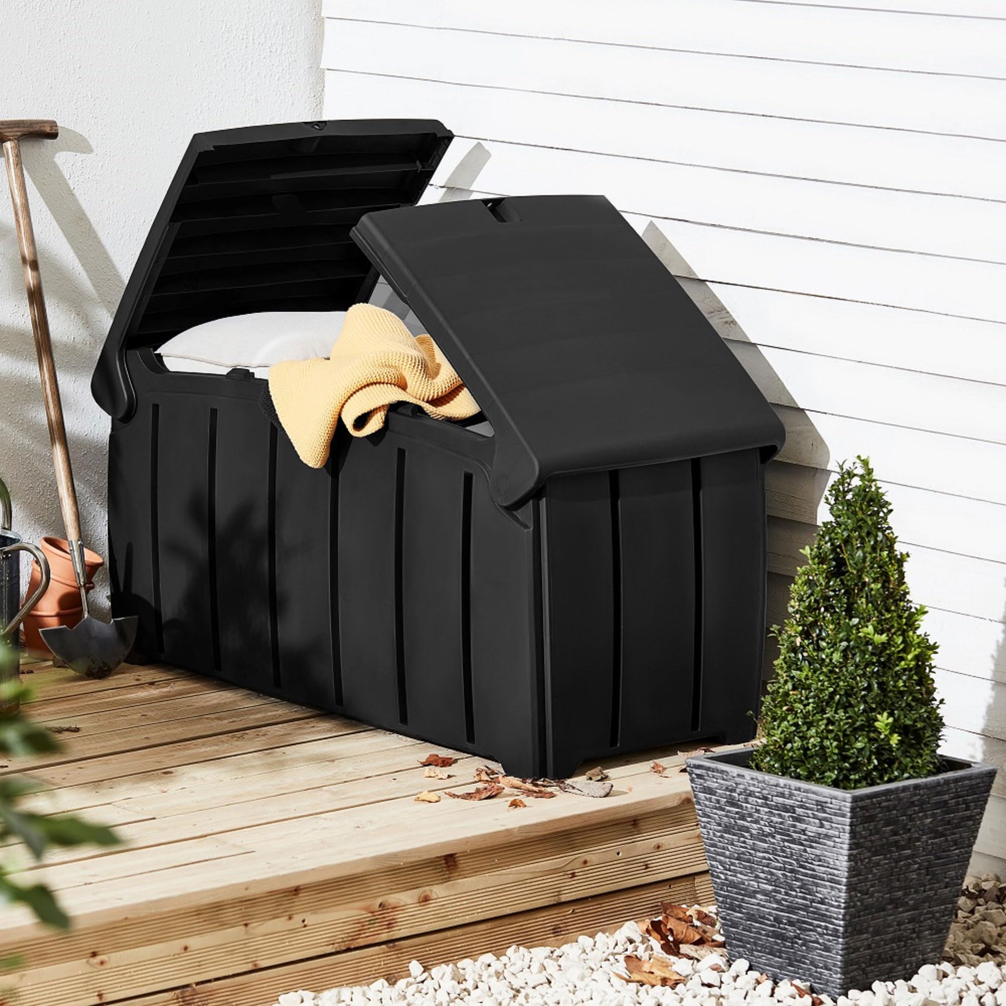 85 Gallon (321L) Outdoor Storage Deck Box with Dual Door Lid - Waterproof Patio Garden Storage Bin for Pool Toys, Cushions & Furniture Accessories - Black - Perfect for Backyard, Deck & Poolside Organization