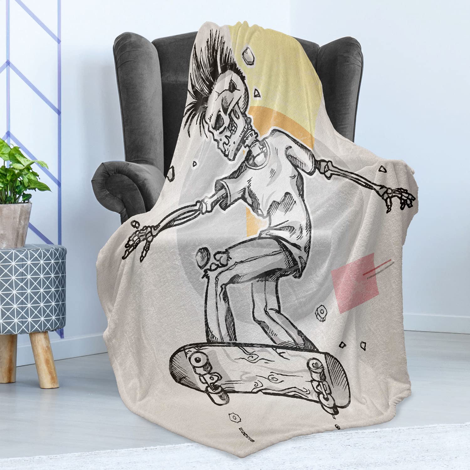 Ambesonne Skull Throw Blanket - Punk Rocker Skeleton Skateboard Design - Soft Flannel Fleece Blanket 50