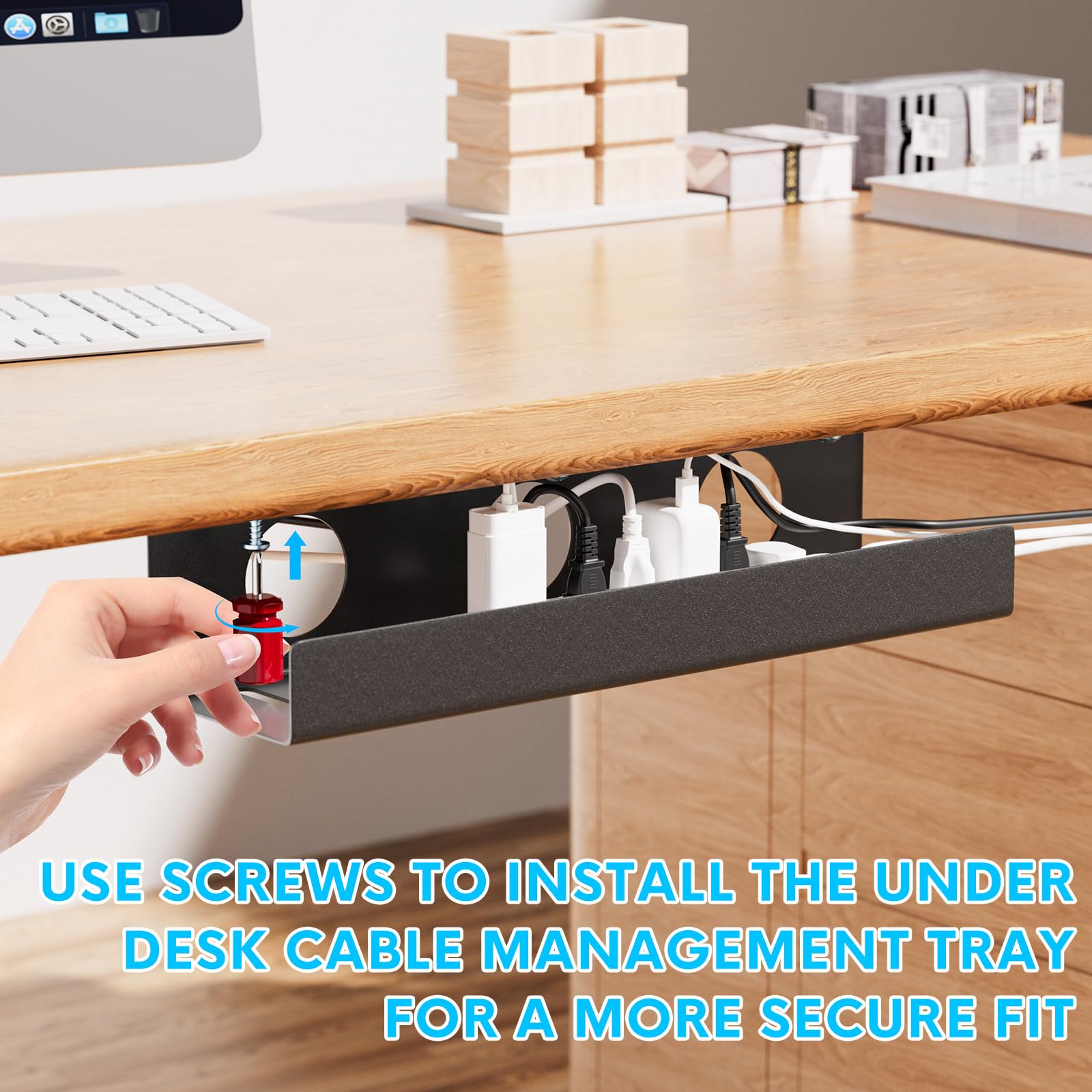 Self-Adhesive Under Desk Cable Management Tray - 2 Pack Steel Wire Organizer for Power Strips, No Drill Installation - Perfect for Office & Home Desk Cable Storage & Organization