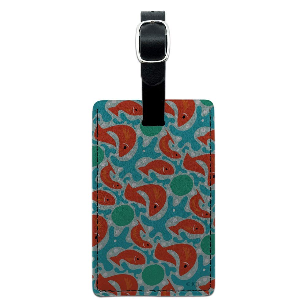 Stylish Orange Fish on Blue Pattern Rectangle Leather Luggage Tag - Durable ID Card Holder for Travel Bags, Suitcases & Backpacks | Perfect for Business Trips, Vacations & Daily Commute