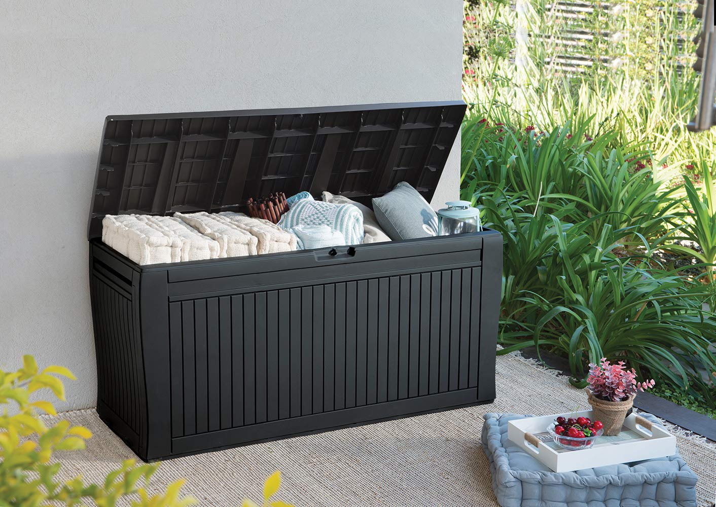Keter Comfy Deck Box Grey - Outdoor Storage Bench for Patio, Garden & Backyard - Weather-Resistant & Durable Deck Storage Solution for Cushions, Pillows & Outdoor Accessories