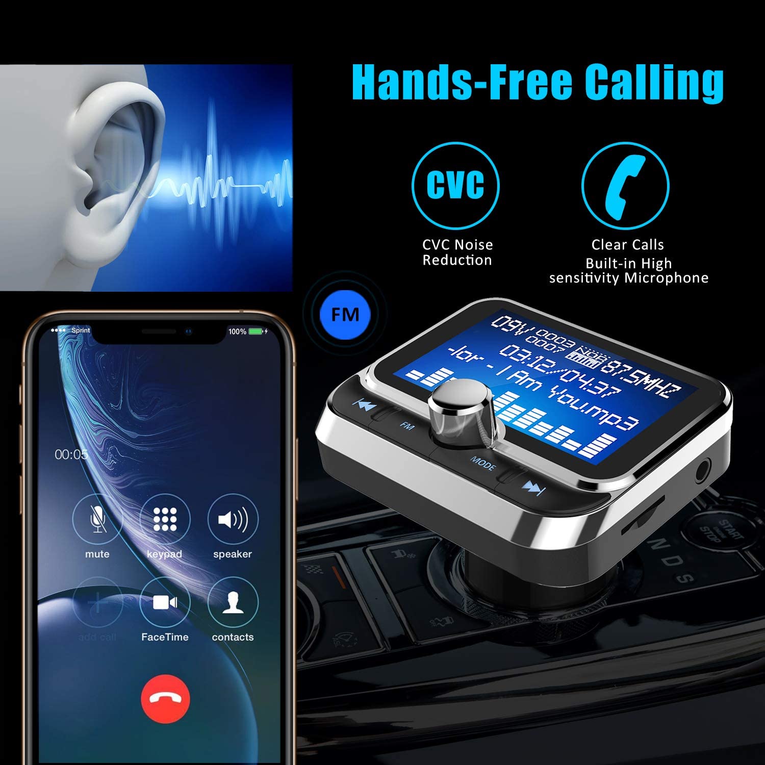 Wireless Bluetooth FM Transmitter for Car with 1.8