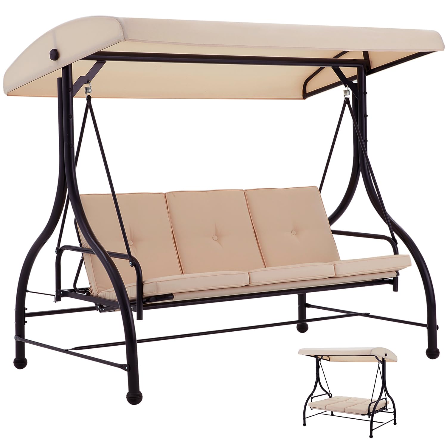 AECOJOY 3-Seat Porch Swing Chair with Adjustable Canopy & Stand - Outdoor Patio Swing Bed with Removable Beige Cushions - Perfect for Backyard, Garden, and Deck Relaxation