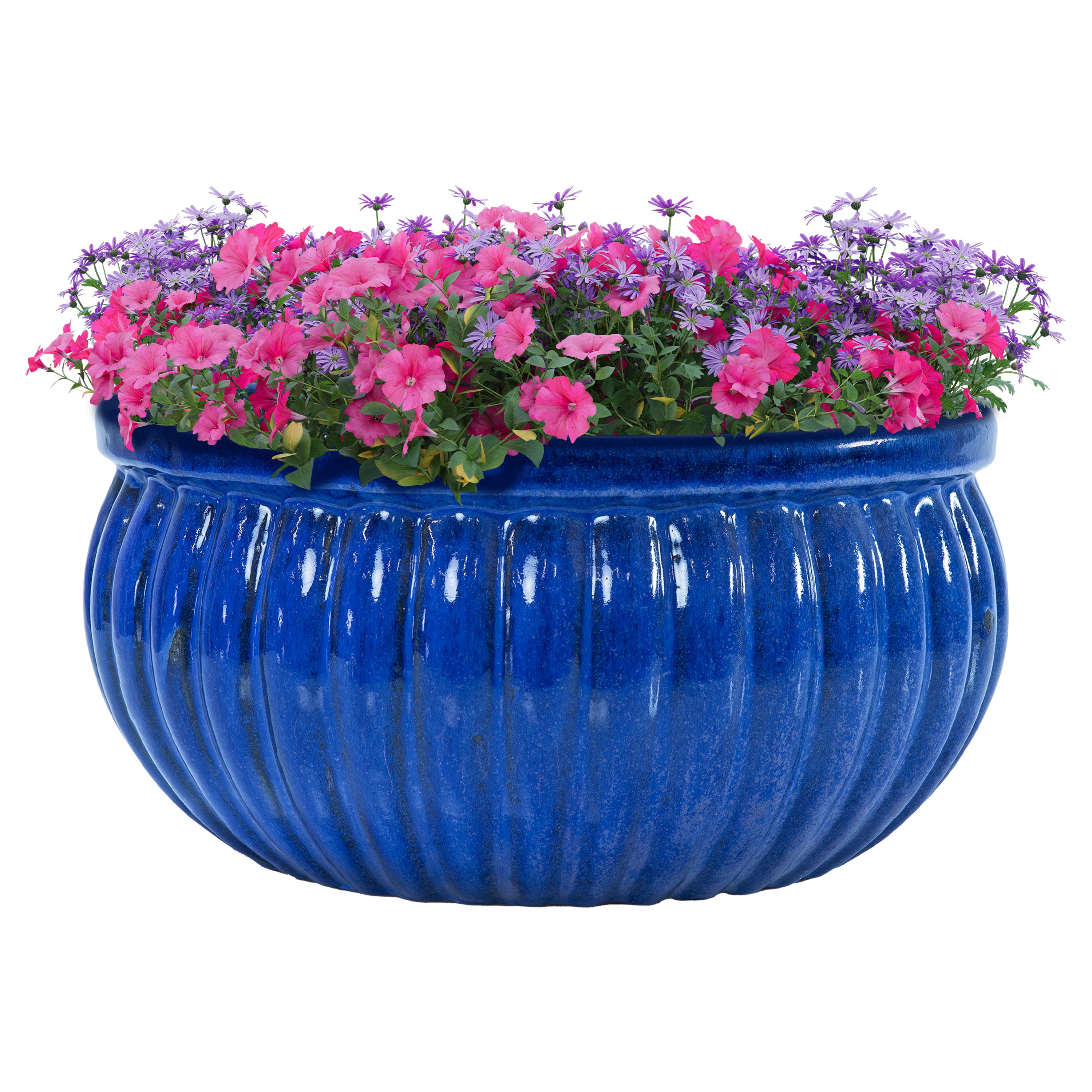 Sunnydaze Ribbed Glazed Ceramic Planter Bowl - Imperial Blue Flower Pot for Indoor Plants, Succulents & Home Decor | Perfect for Living Room, Patio & Garden Decorations