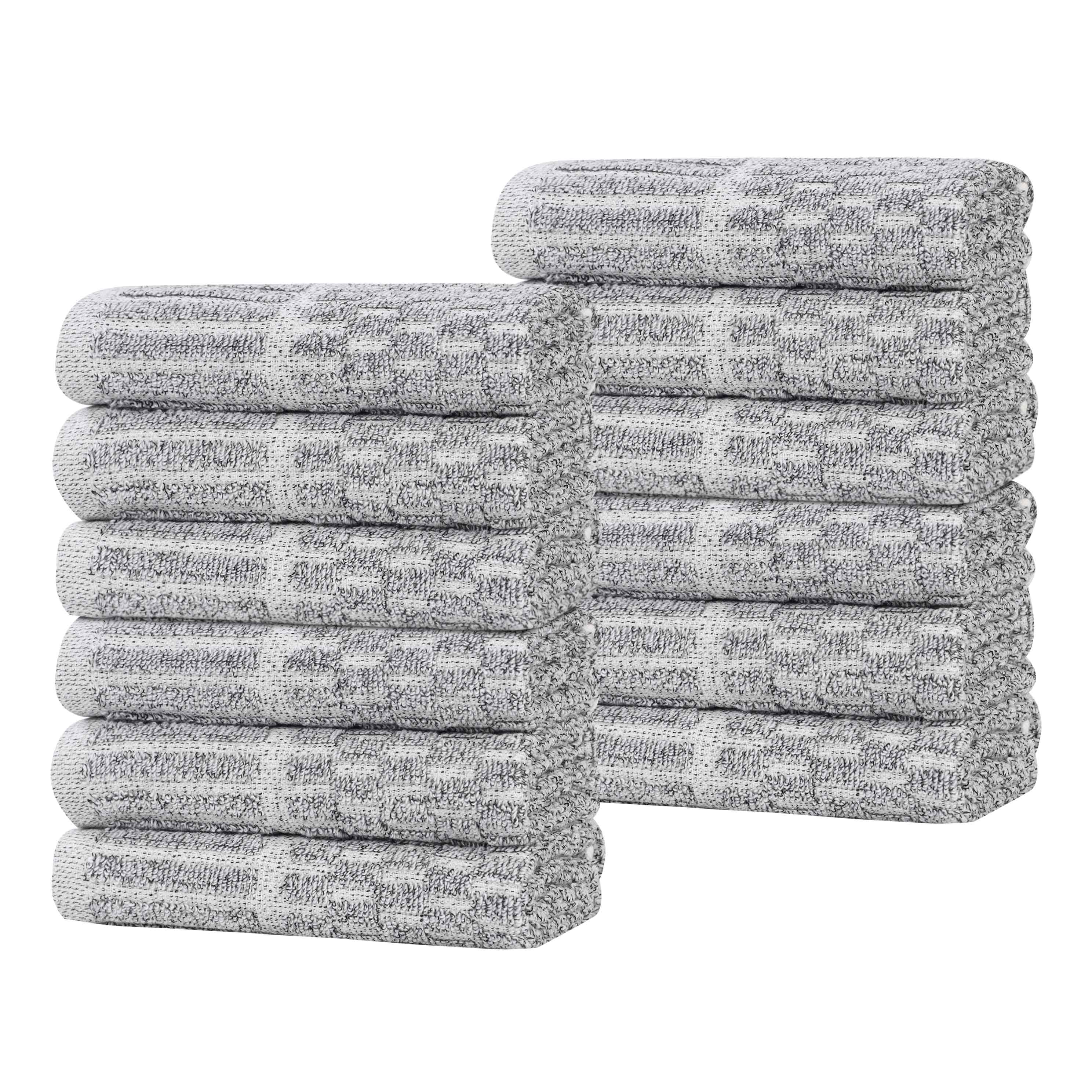 Premium 12-Pack Juno Cotton Blend Checkered Border Face Towels | Medium Weight, Soft & Absorbent | Perfect for Bathroom, Spa, Gym & Travel