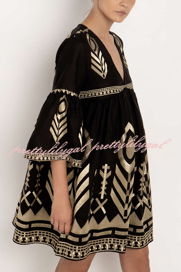 Elegant Gold Printed V-Neck Bell Sleeve Mini Dress for Women - Perfect for Parties, Date Nights & Special Occasions