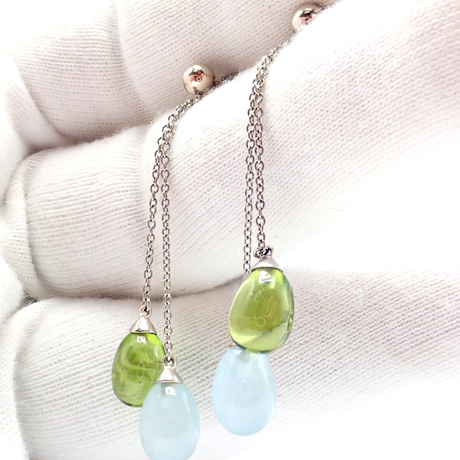 Authentic Tiffany & Co 18K White Gold Rainbow Drop Peridot Chalcedony Earrings for Women | Elegant Gemstone Dangle Earrings for Parties, Weddings & Special Occasions