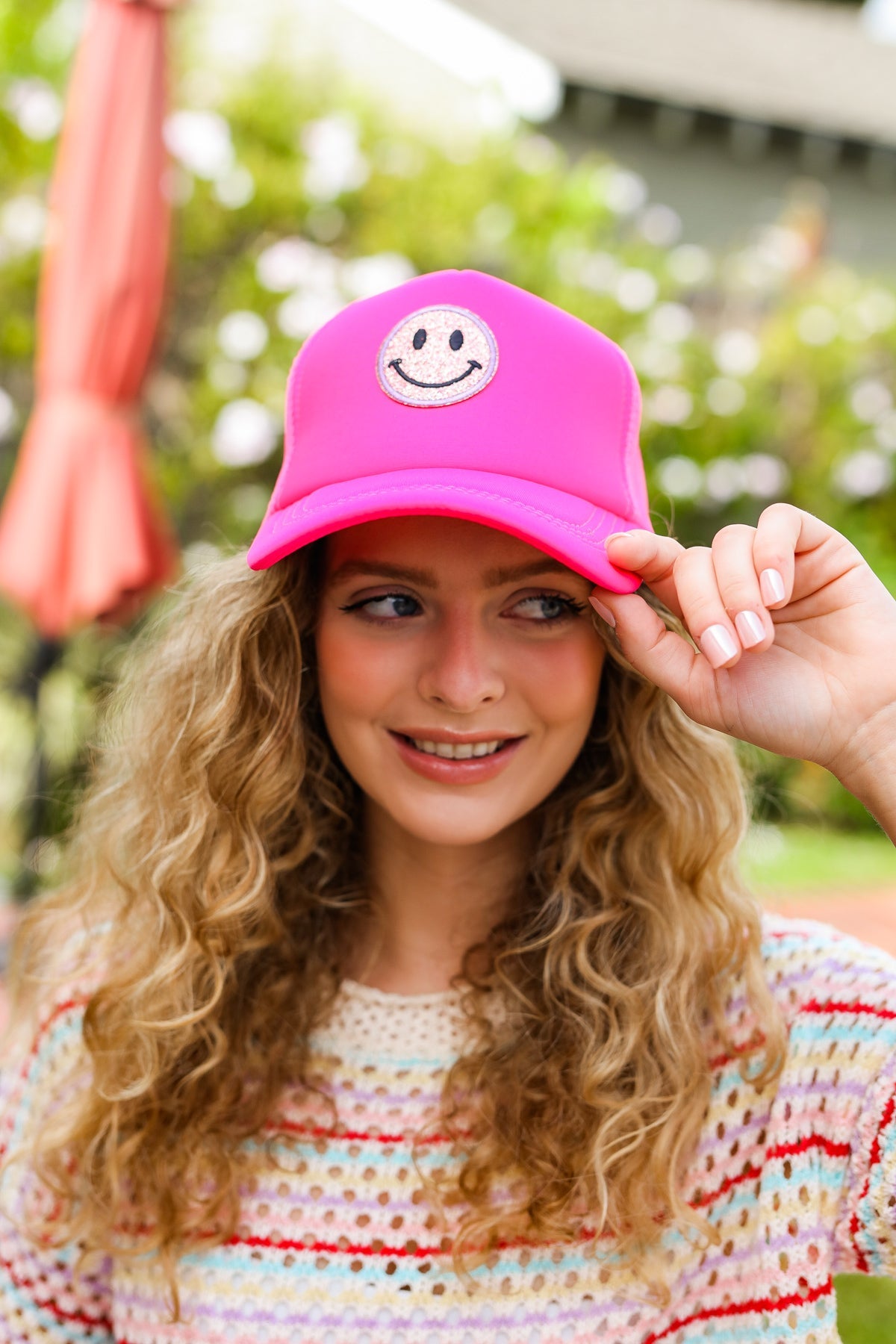 Neon Pink Glitter Smiley Face Mesh Trucker Hat - Trendy Unisex Baseball Cap for Women & Men - Perfect for Festivals, Concerts, Raves & Summer Outfits