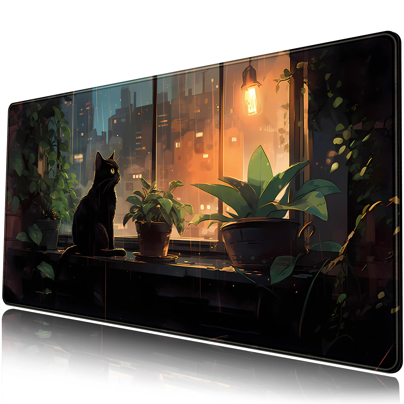 Black Cat Anime Desk Mat - Large Gaming Mouse Pad with Green Plants for Women, Perfect for Laptop & Desktop Decor