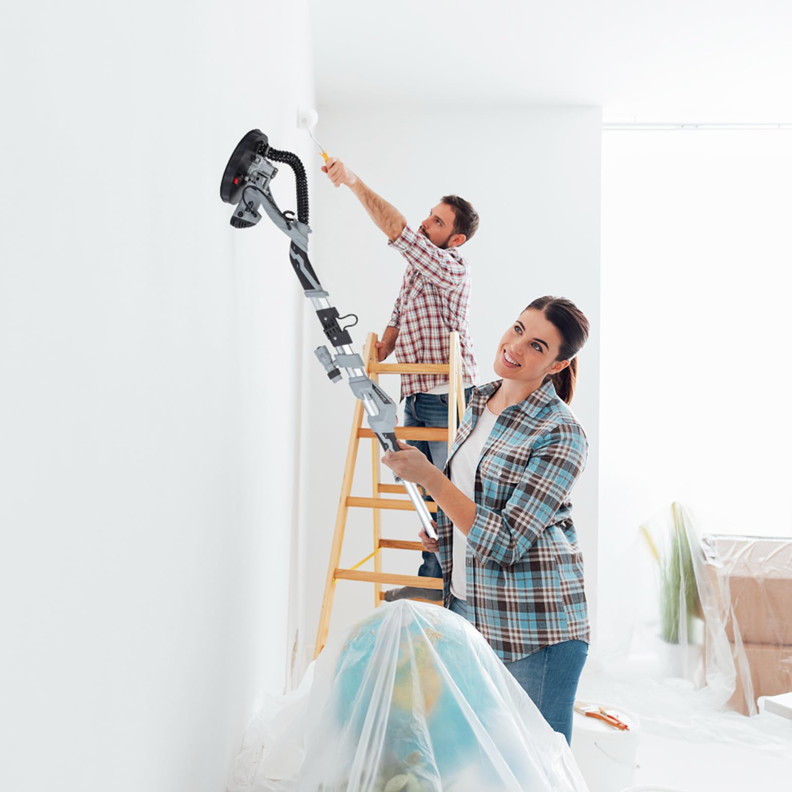 710W Electric Drywall Sander with 6 Sanding Discs - Variable Speed 800-1700 RPM, LED Light, Extendable Handle & Carrying Bag - Perfect for Home Renovation, Wall Smoothing and DIY Projects