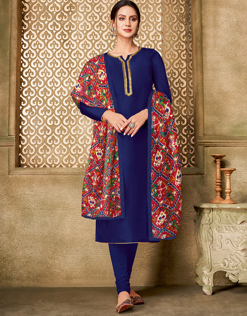 Blue Chanderi Cotton Chudidar Salwar Suits for Women | Traditional Indian Ethnic Wear | Perfect for Weddings, Festivals & Special Occasions