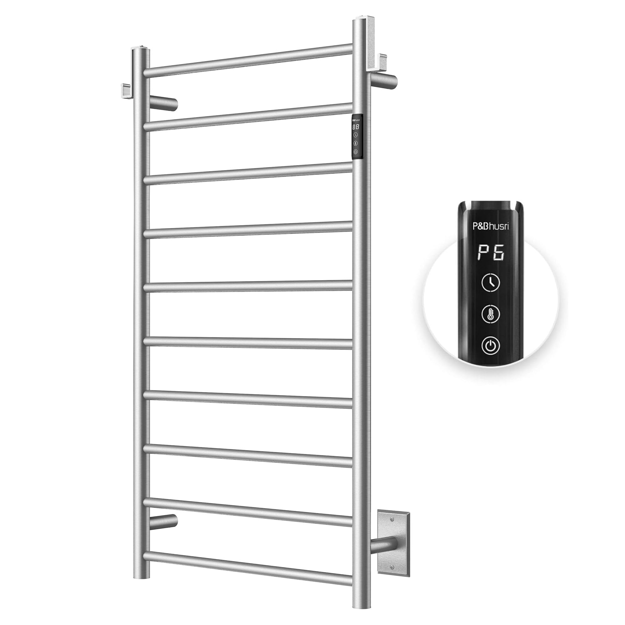 P&Bhusri Electric Heated Towel Rack for Bathroom - Wall Mounted 10-Bar Towel Warmer with Timer & LED Display, Stainless Steel Brushed Finish (Hardwired/Plug-in) - Perfect for Spa, Luxury Bathrooms & Cold Weather Comfort