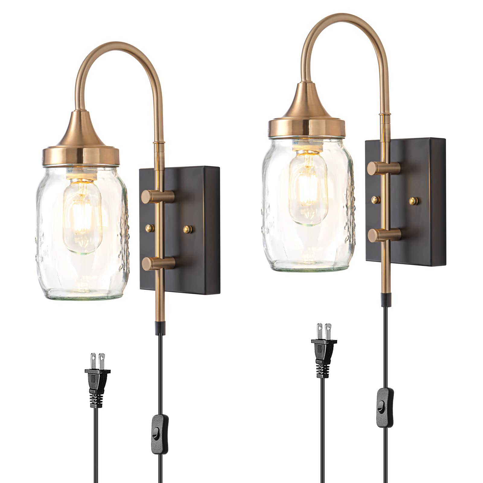 Set of 2 Gold Plug-in Wall Sconces - Modern Farmhouse Mason Jar Wall Lights with On/Off Switch & Cord - Bedroom, Living Room, Hallway Lighting Fixtures for Bedside, Mirror & Entryway Decor