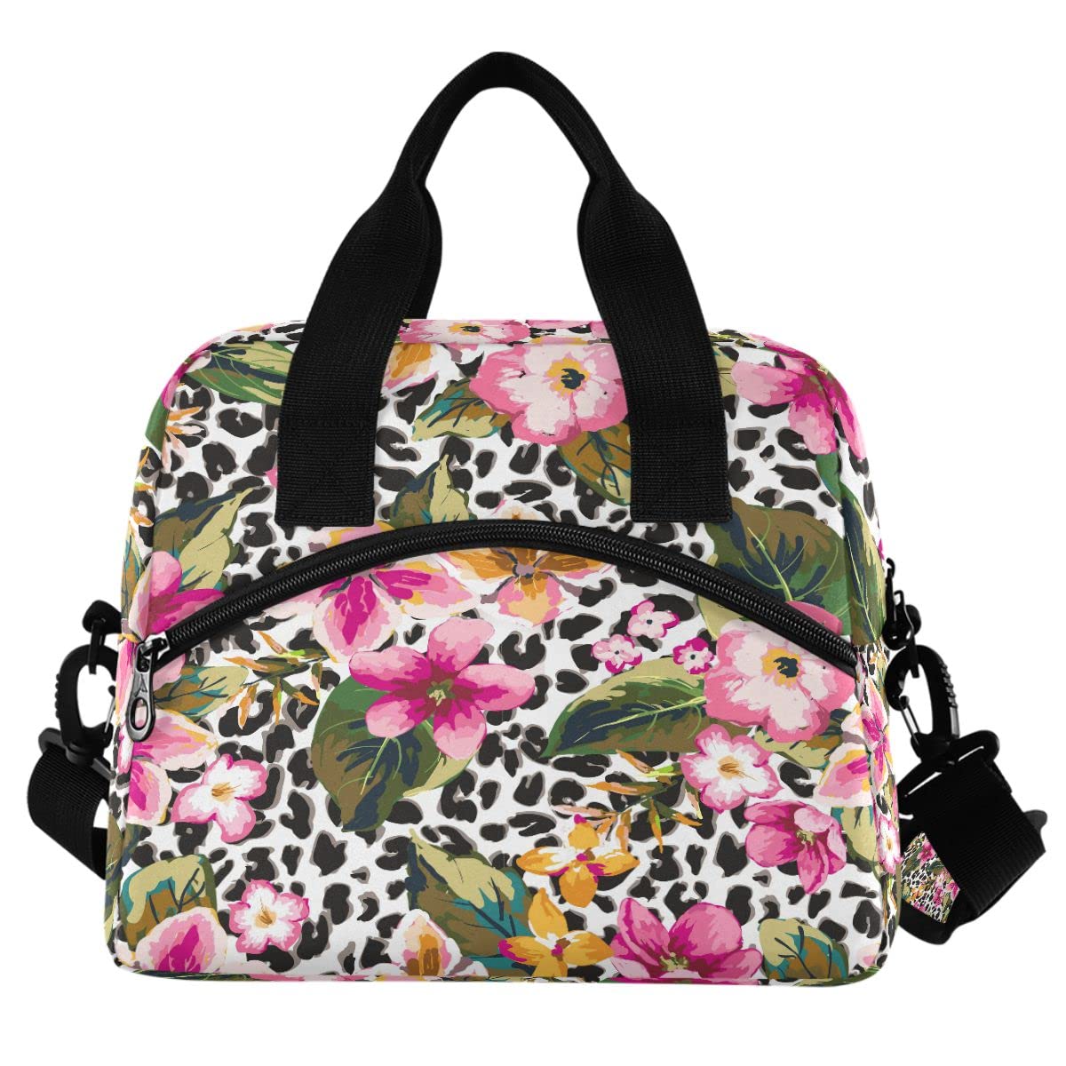Insulated Lunch Bag with Tropical Flower & Leopard Print - Reusable Leakproof Cooler Tote for Women & Men - Perfect for Work, School, Picnics & Outdoor Activities