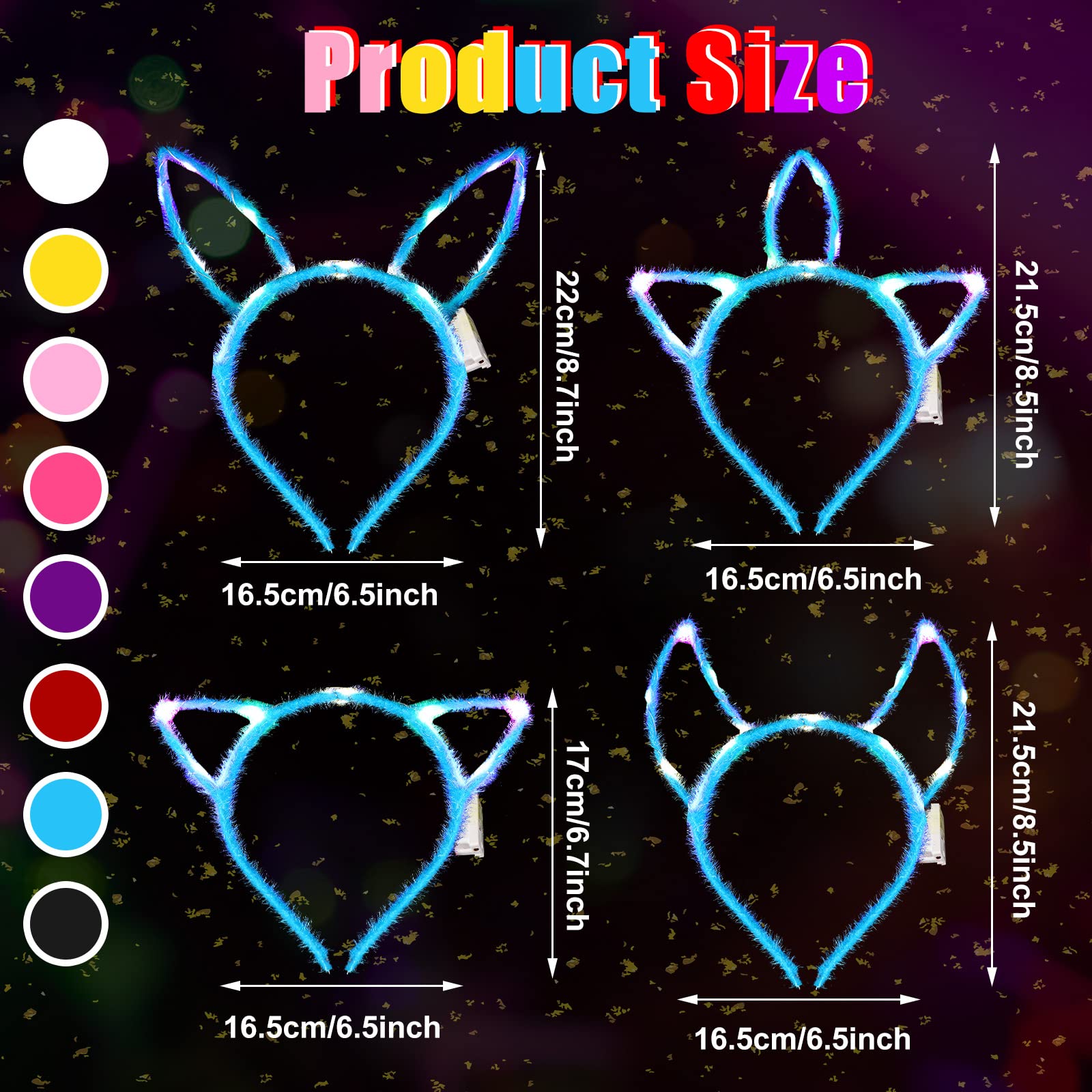 64 Pcs LED Glow in the Dark Headbands - 16 Cat Ears, 16 Rabbit Ears, 16 Unicorn Horns & 16 Cow Horns - Light Up Party Accessories for Women & Girls - Perfect for Valentine's Day, Halloween, Raves, Concerts & Costume Parties