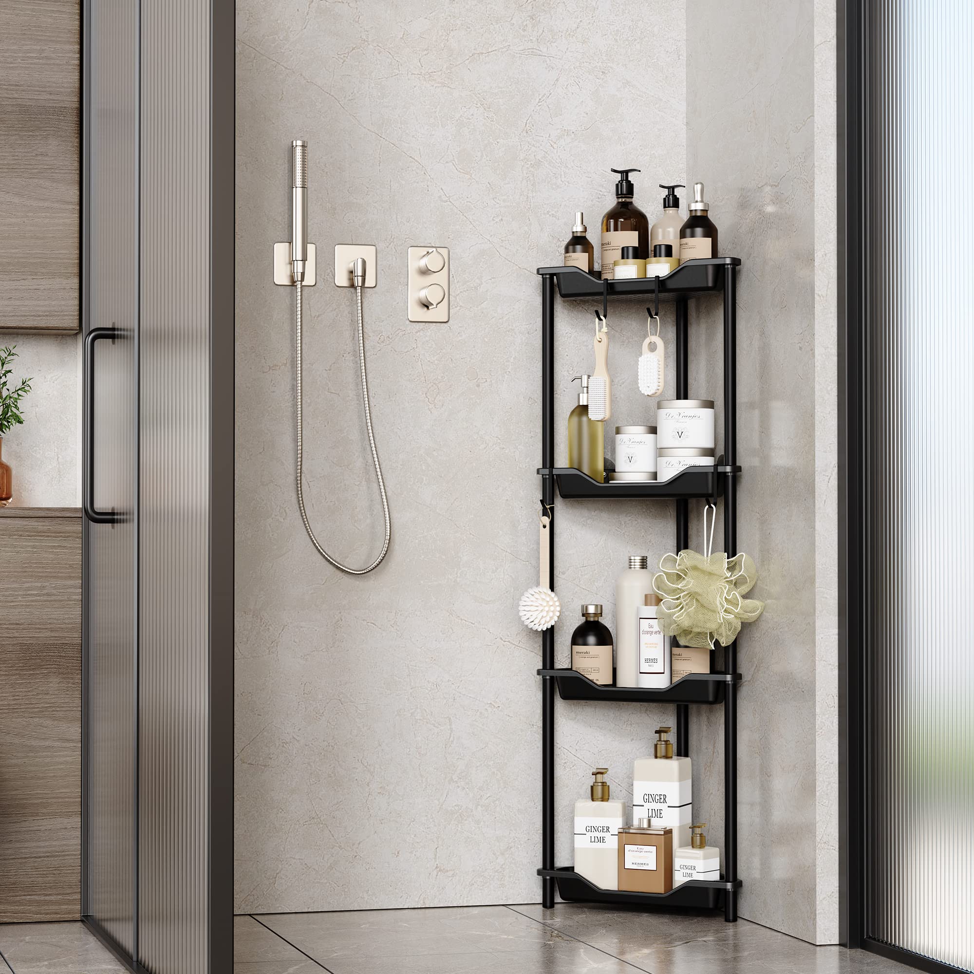 Rustproof 4-Tier Floor Standing Corner Shower Caddy Organizer - Plastic & Metal Bathroom Storage Shelf (10.8