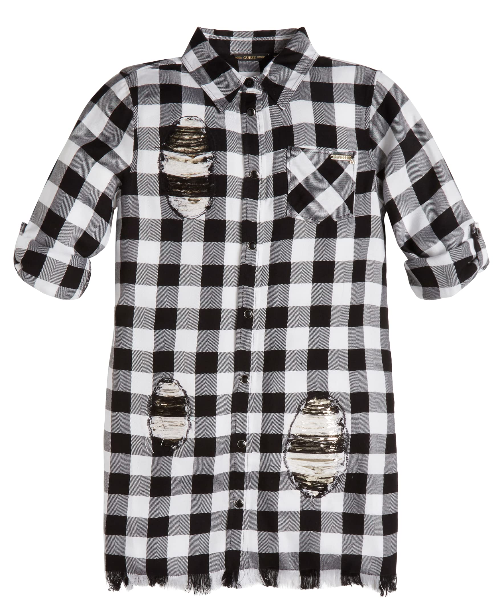 GUESS Girls' Sequin Patch Buffalo Check Woven Shirt - Stylish Casual Top for School, Parties & Everyday Wear
