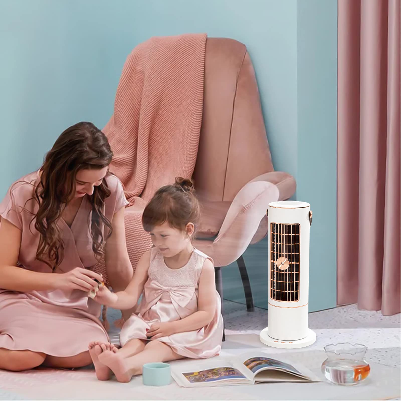 Portable USB Mini Air Conditioner with Remote Control - 3 Speed Settings & Auto Oscillation for Home, Office, Bedroom - Personal Cooling Fan for Desk, Nightstand, or Workspace (Model BRLZ-21)