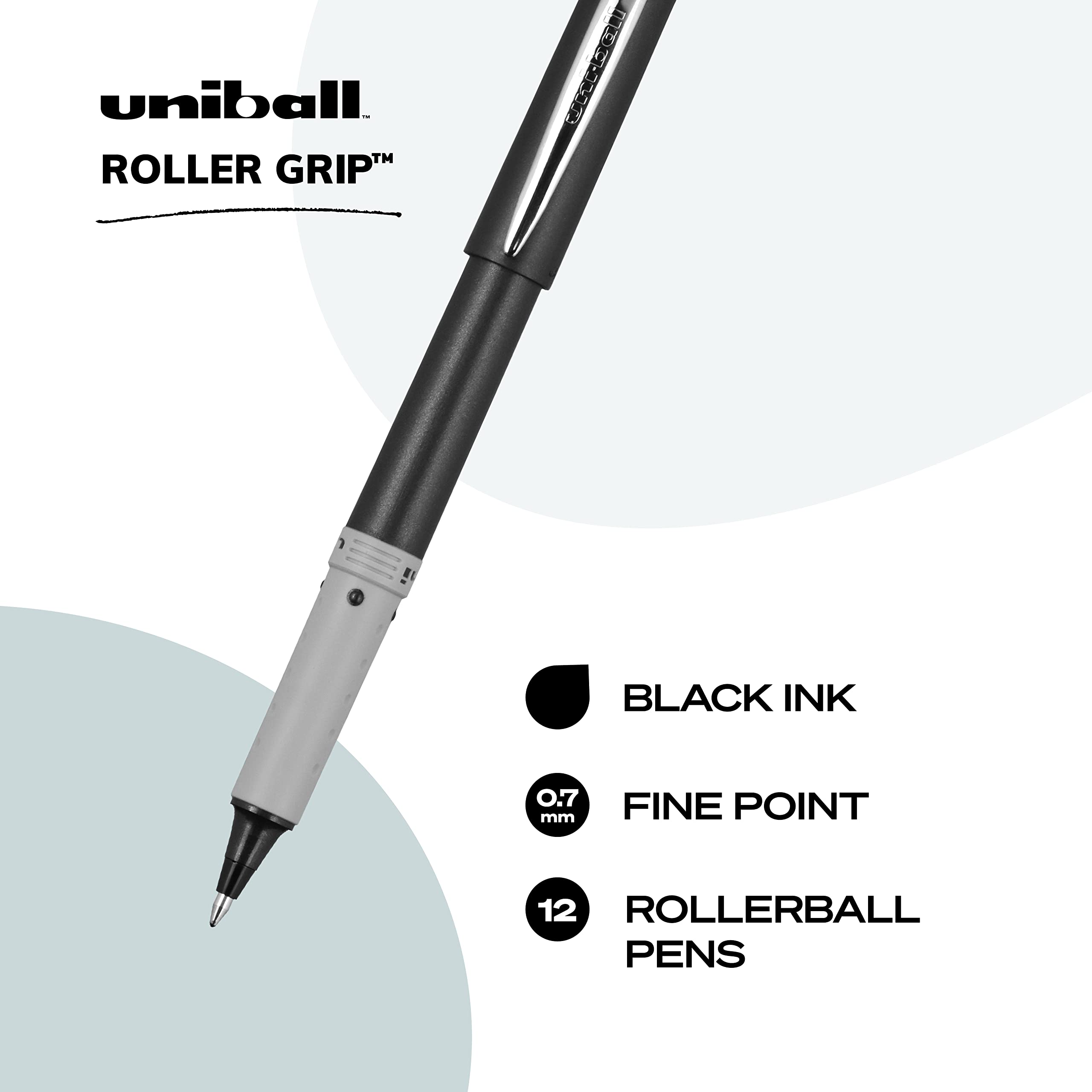 uni-ball Roller Grip Fine Point Rollerball Pens - 12 Pack Black Ink Pens for Office, School & Note Taking - Smooth Writing Rollerball Pens for Journaling, Sketching & Everyday Use