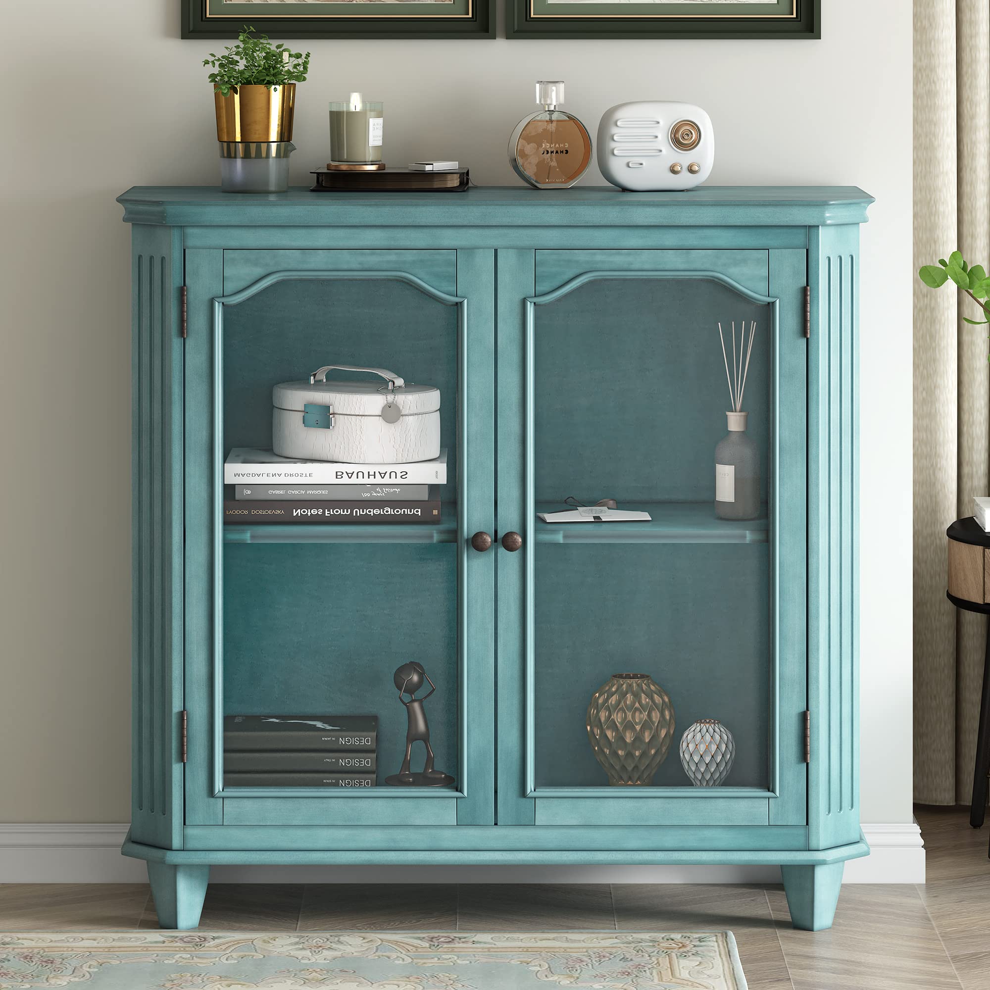 Vintage Wooden Storage Cabinet Buffet Sideboard with Adjustable Shelves & 2 Doors - Antique Blue Green Accent Cabinet for Living Room, Entryway, Kitchen & Dining Room | Perfect for Home Decor, Storage Solution & Entertaining Guests