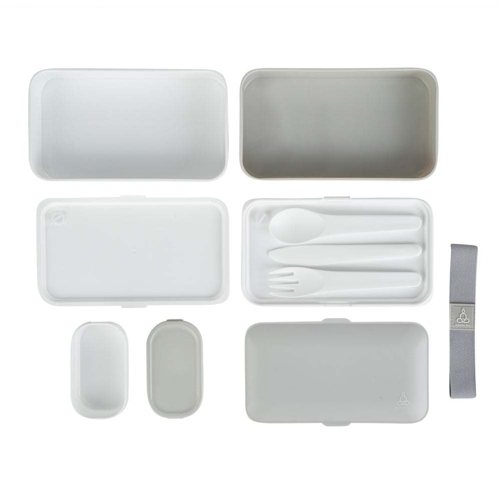 Bento Tek 41 oz Gray & White Buddha Box - All-in-One Lunch Container with Utensils & Sauce Cup (7.25