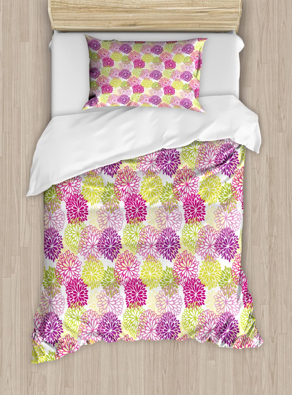 Ambesonne Floral Duvet Cover Set - King Size 2-Pack with 4 Pillowcases | Vintage Abstract Design in Magenta Violet Green | Romantic Bedroom Decor for Master & Guest Rooms