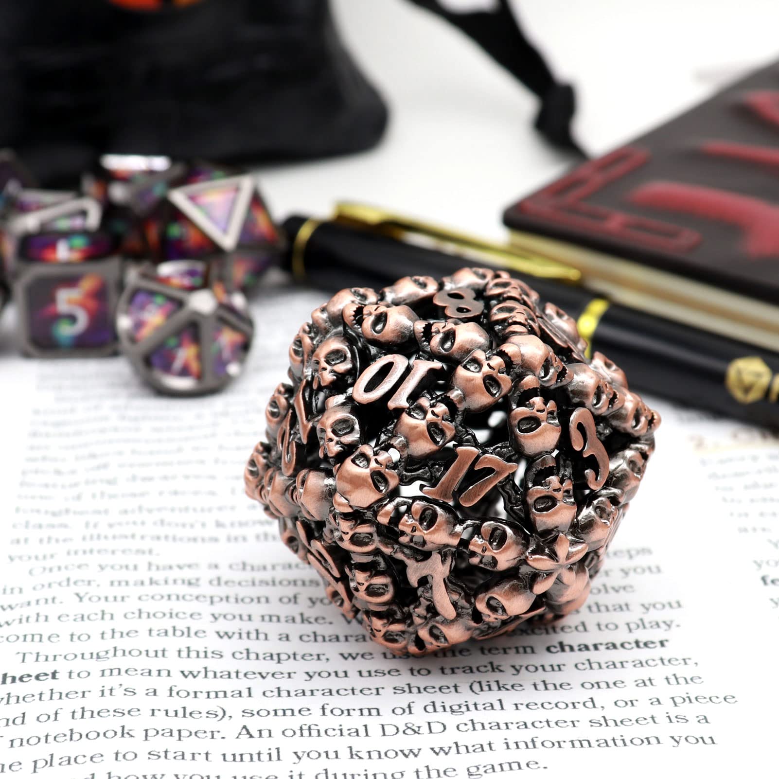 Haxtec 40mm Oversized Metal Hollow D20 Dice Set - Large Skull Design 20-Sided Polyhedral RPG Dice for DND, Dungeons & Dragons, Pathfinder - Includes PU Leather Dice Bag - Perfect for Tabletop Gaming, RPG Enthusiasts & Unique Gift (Antique Copper)