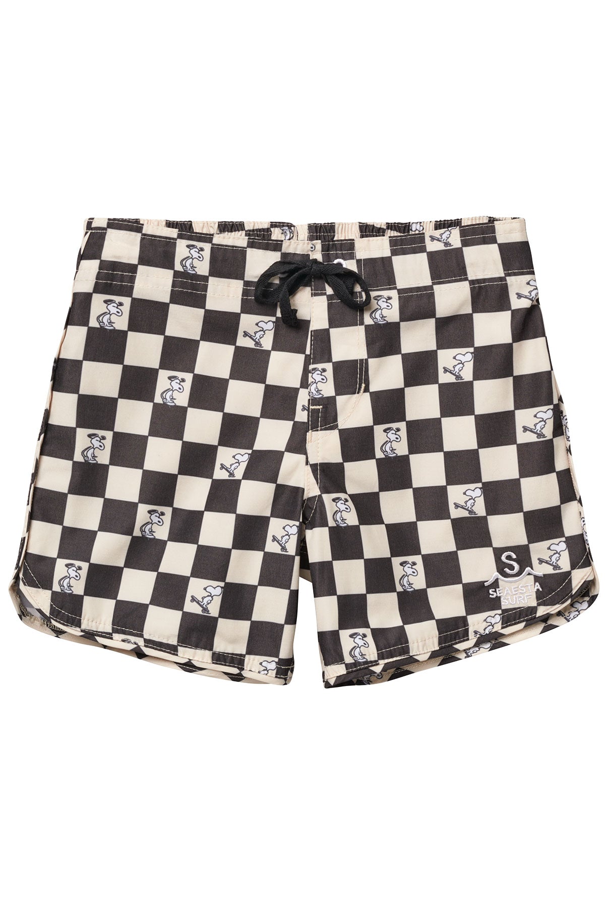Seaesta Surf x Peanuts® Black & White Checkerboard Swim Trunks for Men - Quick-Dry Beach Shorts with Drawstring Waist - Perfect for Surfing, Swimming & Summer Vacations