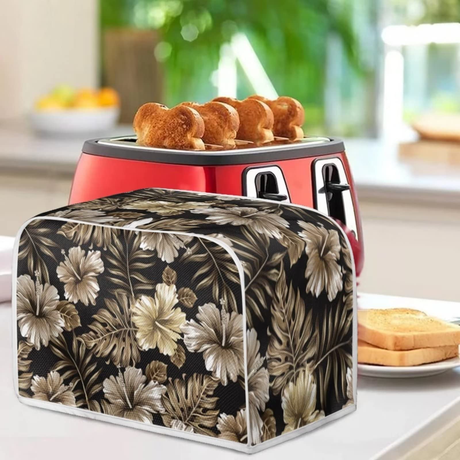 FKELYI 4-Slice Wide Slot Toaster Cover - Green Daisy Floral Print, Fingerprint Resistant Kitchen Appliance Protector for Toaster Ovens & Bread Makers | Perfect for Country Style Kitchens & Breakfast Stations