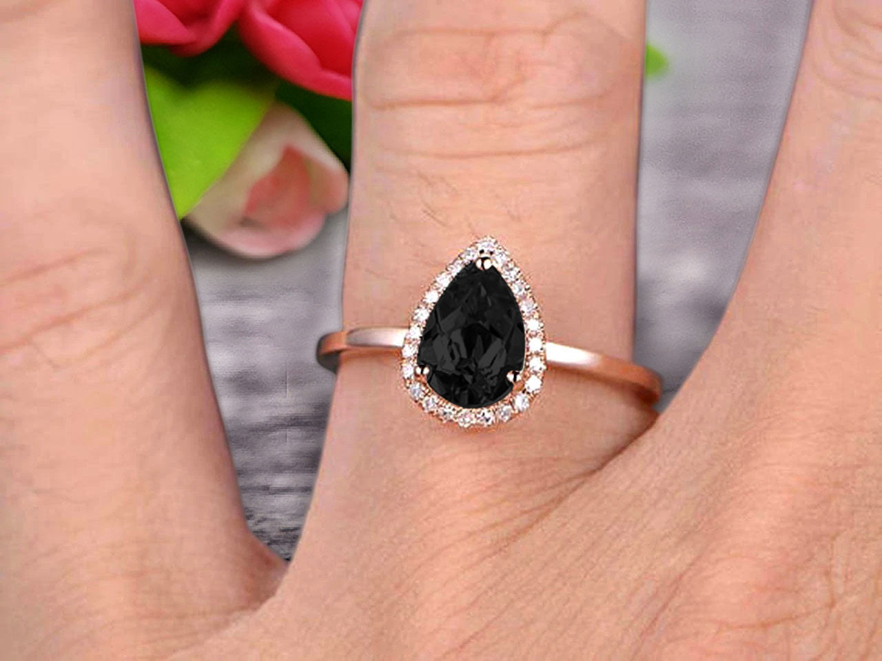 1.25 Carat Pear Cut Black Diamond Moissanite Engagement Ring - Handmade 10K Rose Gold Halo Promise Ring for Women - Anniversary, Wedding, Proposal Gift - Perfect for Romantic Occasions & Special Moments