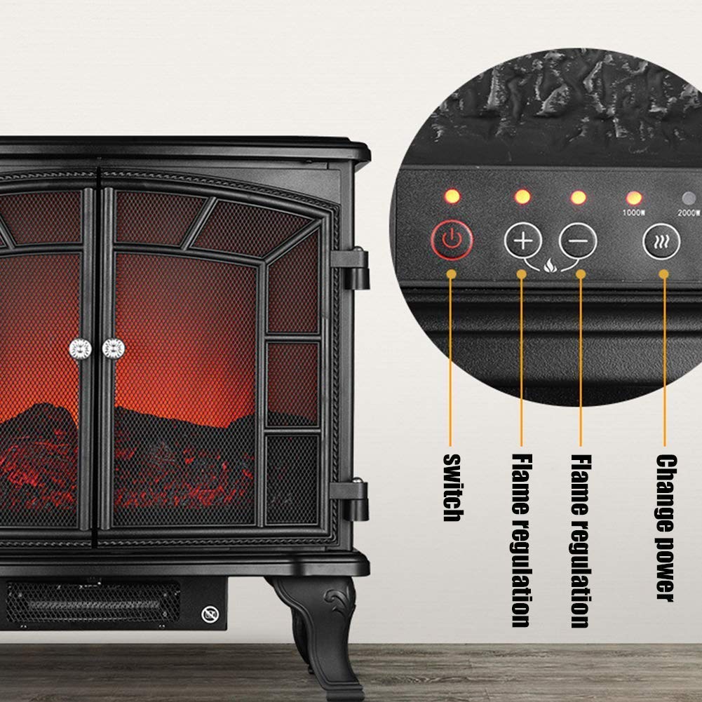 Realistic Electric Fireplace Stove with Double Door - 2000W Indoor Heater with Lifelike Flame Effect for Living Room, Bedroom & Office - Energy Efficient & Safe Heating Solution