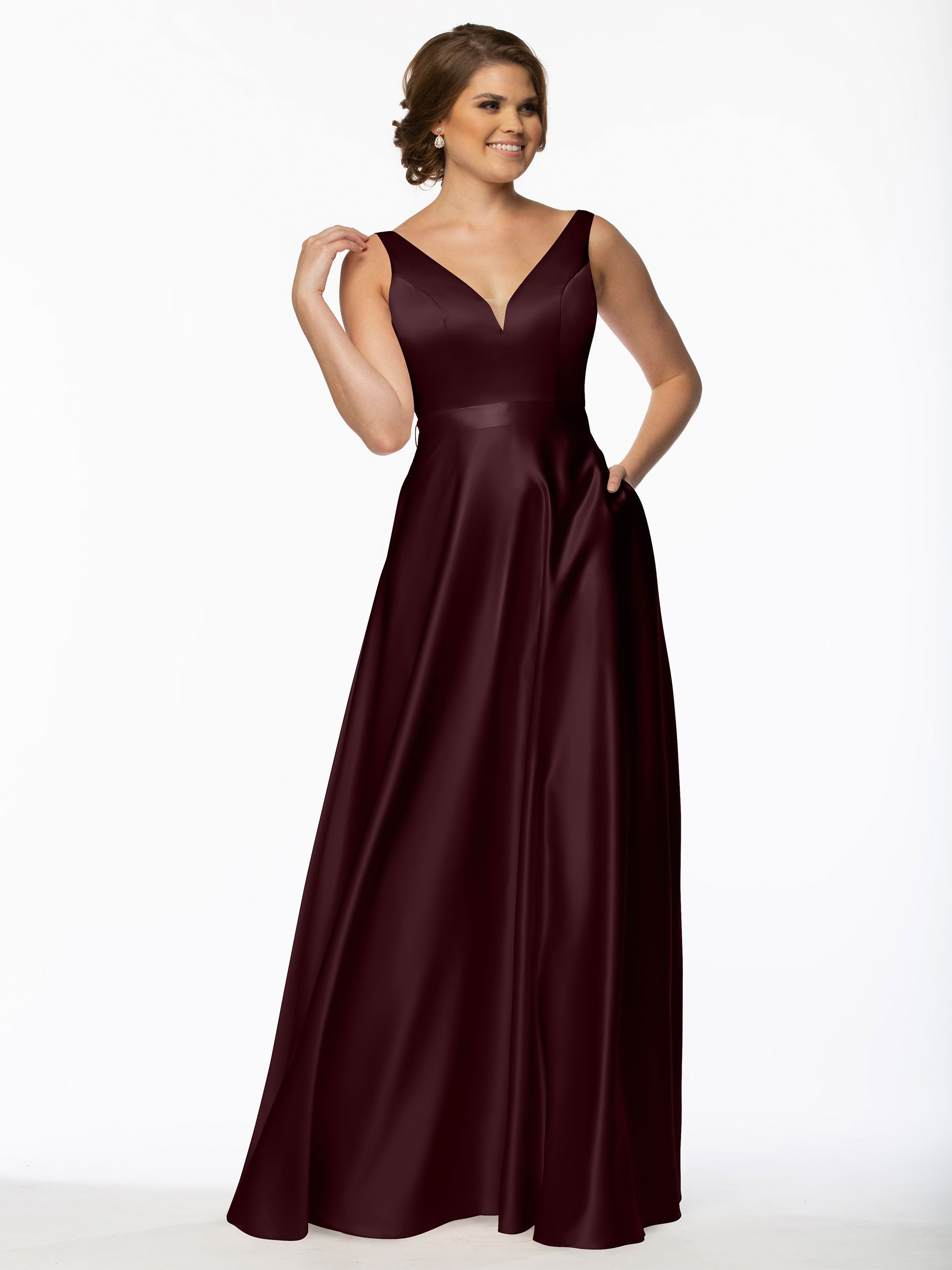 Elegant 80118 Satin A-Line Bridesmaid Dress with V-Neckline & Sash - Perfect for Weddings, Formal Events & Special Occasions