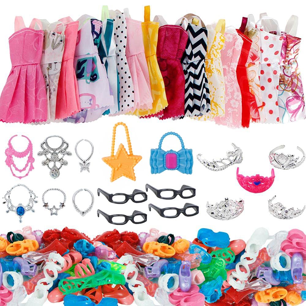 37-Piece Fashion Doll Accessories Set - 10 Outfits, 4 Glasses, 6 Necklaces, 2 Handbags, 5 Tiaras & 10 Shoe Pairs for Barbie Dolls (No Doll Included) - Perfect for Dress-Up Play, Birthday Gifts & Collectors