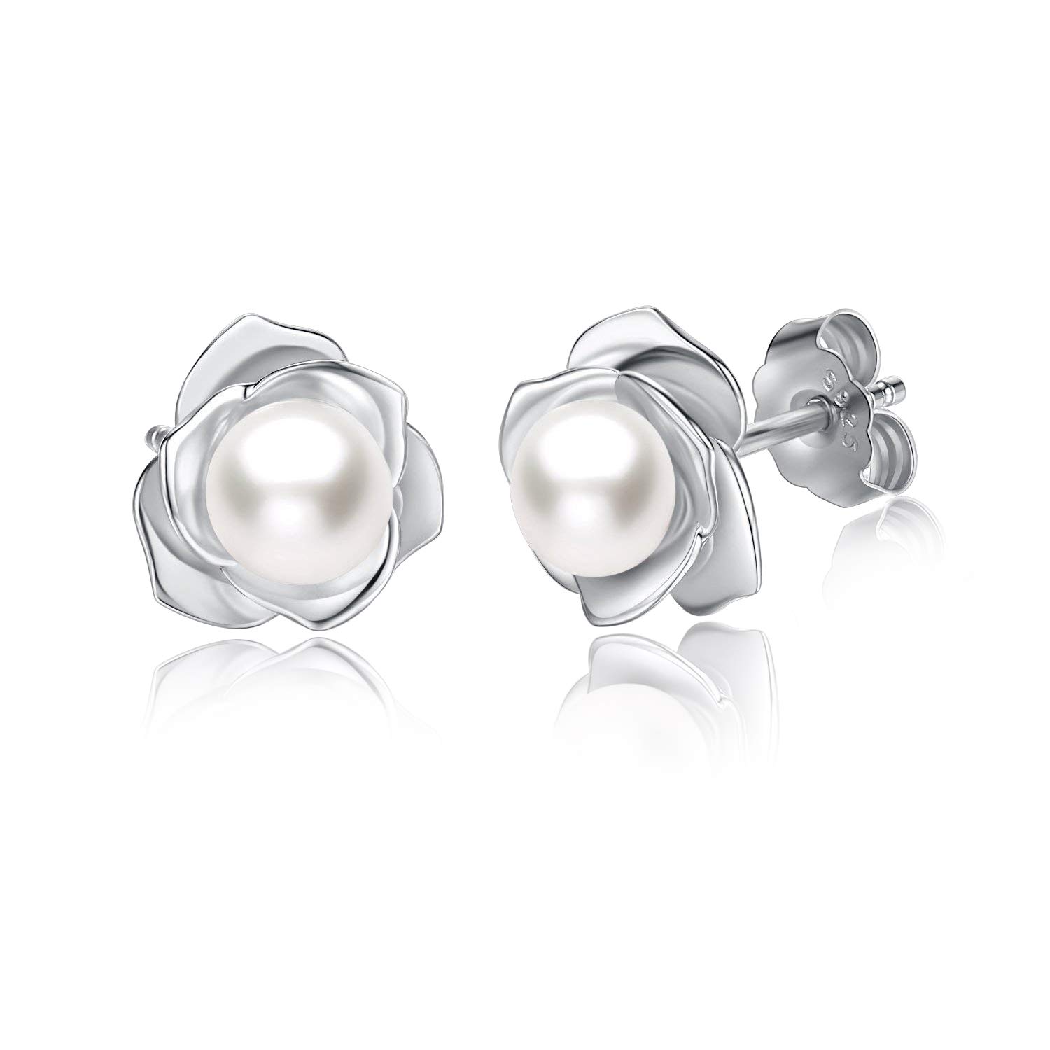 JORA Rose Gold Plated Sterling Silver Rose Flower & Pearl Stud Earrings for Women - Elegant Jewelry Gift for Valentine's Day, Anniversary & Special Occasions