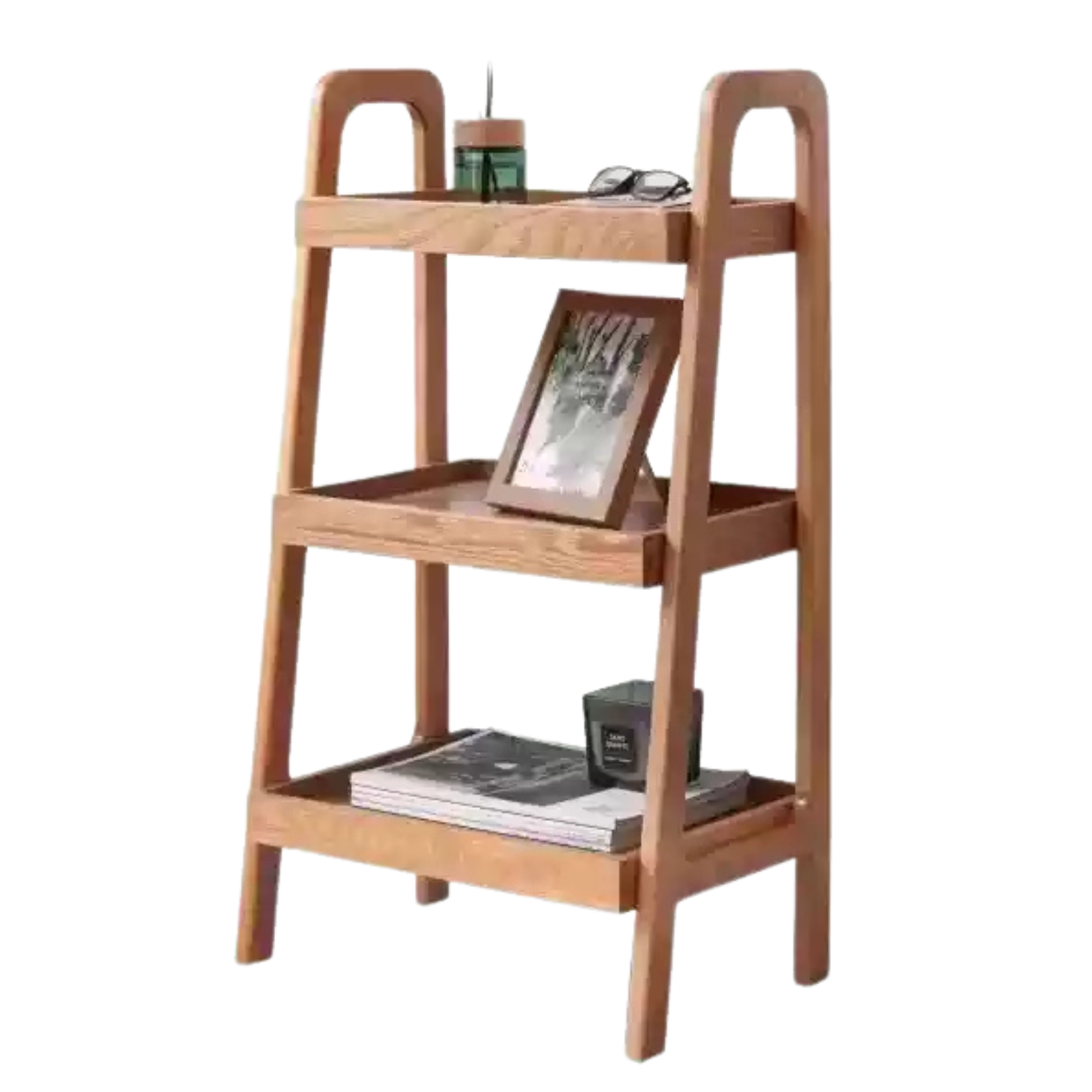 Solid Oak Wood Trapezoidal 3-Tier Bookshelf & Side Table - Modern Home Office Storage & Living Room Decor