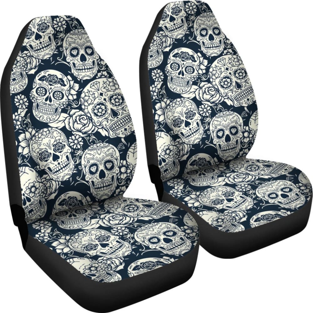 Black and White Sugar Skull Car Seat Covers - Gothic Decor for Halloween, Dia de Los Muertos - Perfect for Cars, Trucks, and SUVs - Unique Skull Design for Day of the Dead Celebrations