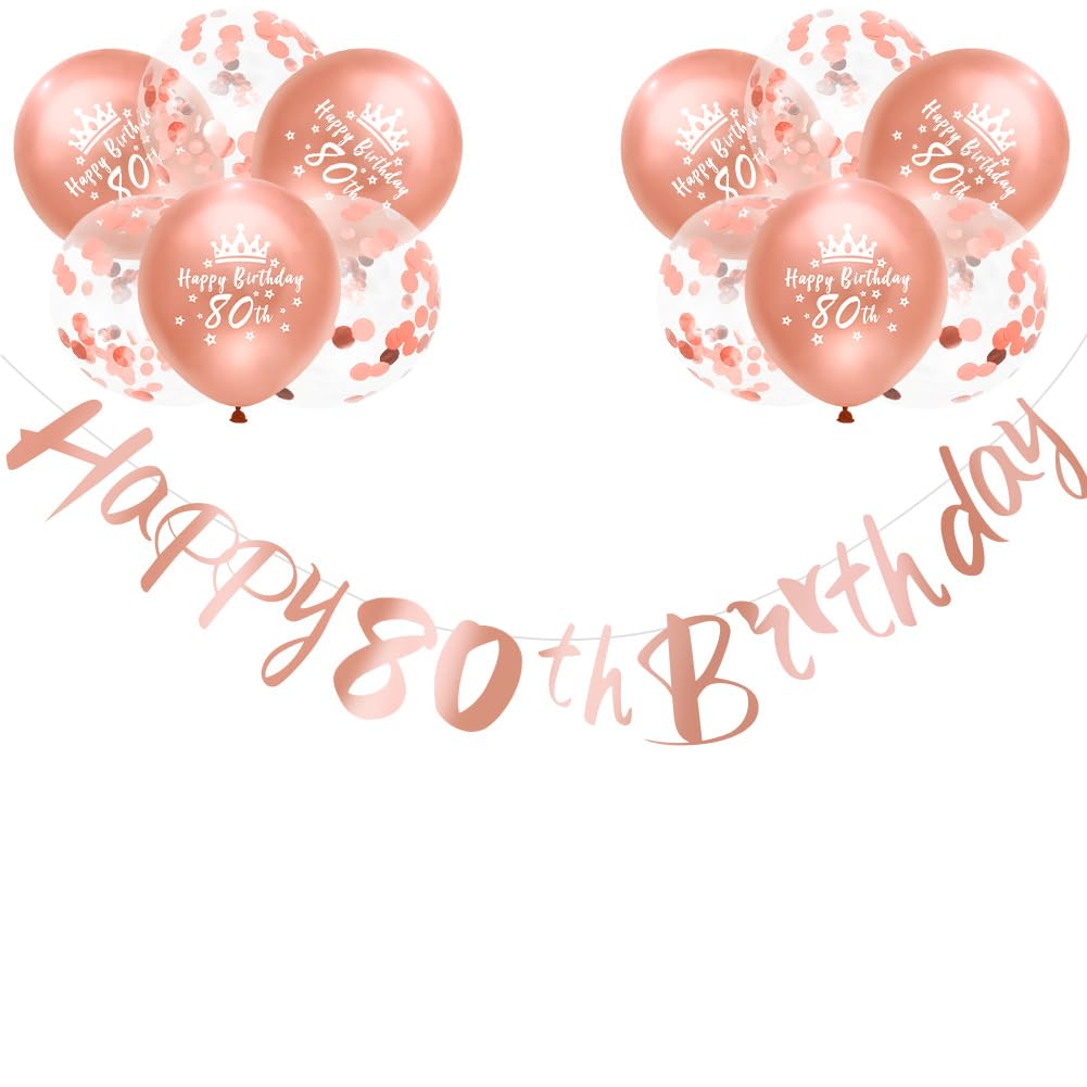 80th Birthday Decorations for Women - Rose Gold Happy Birthday Banner with 12 Pack 12