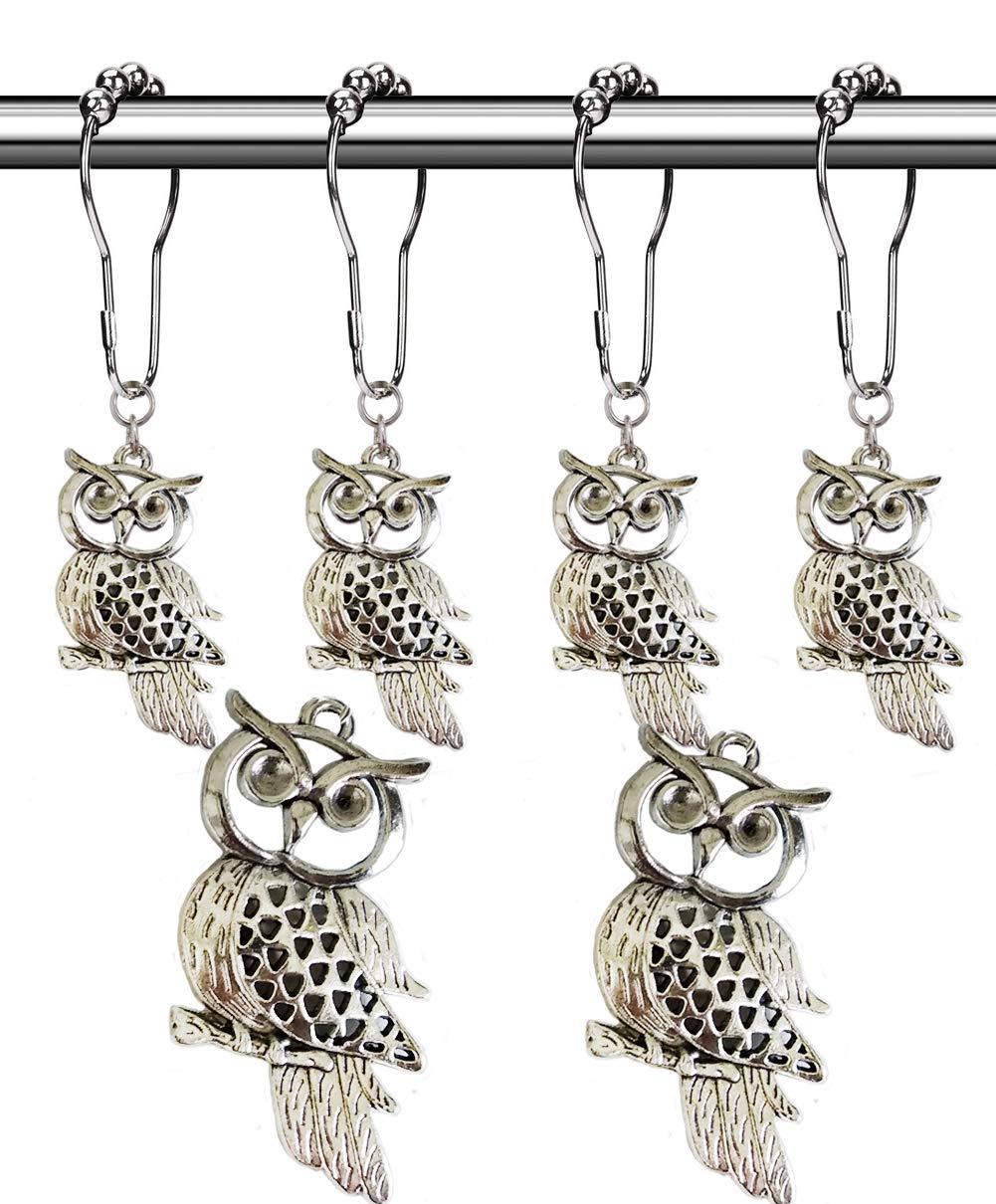 Rust-Proof Brushed Nickel Shower Curtain Hooks with Owl Pendant - 12 Pack Decorative Metal Rings for Bathroom Curtain Rods - Perfect for Farmhouse, Vintage, and Country Style Bathroom Decor