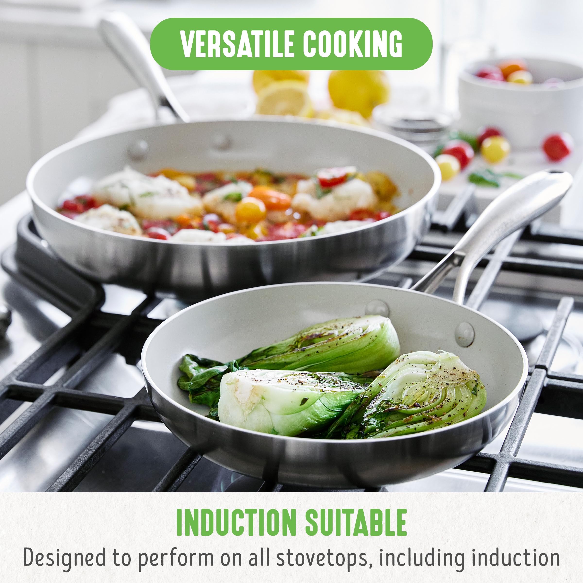 GreenLife Tri-Ply Stainless Steel Healthy Ceramic Nonstick Cookware Set - 10 Piece Pots and Pans, PFAS-Free, Multi-Clad, Induction Compatible, Dishwasher & Oven Safe (Silver) - Perfect for Healthy Cooking, Frying, Baking & Meal Prep in Modern Kitchens