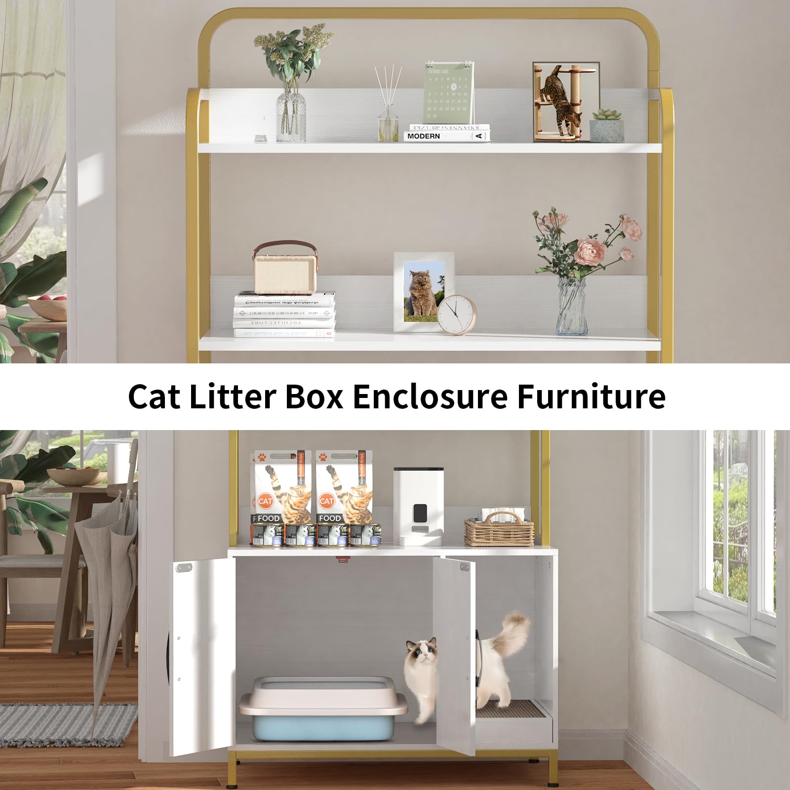 Easycom Wooden Cat Litter Box Enclosure Furniture with Shelves & Scratching Pad - Hidden Indoor Litter Box Cabinet with Storage Space - Modern Cat House Furniture for Living Room, Bedroom or Office - Fits Most Standard Litter Boxes