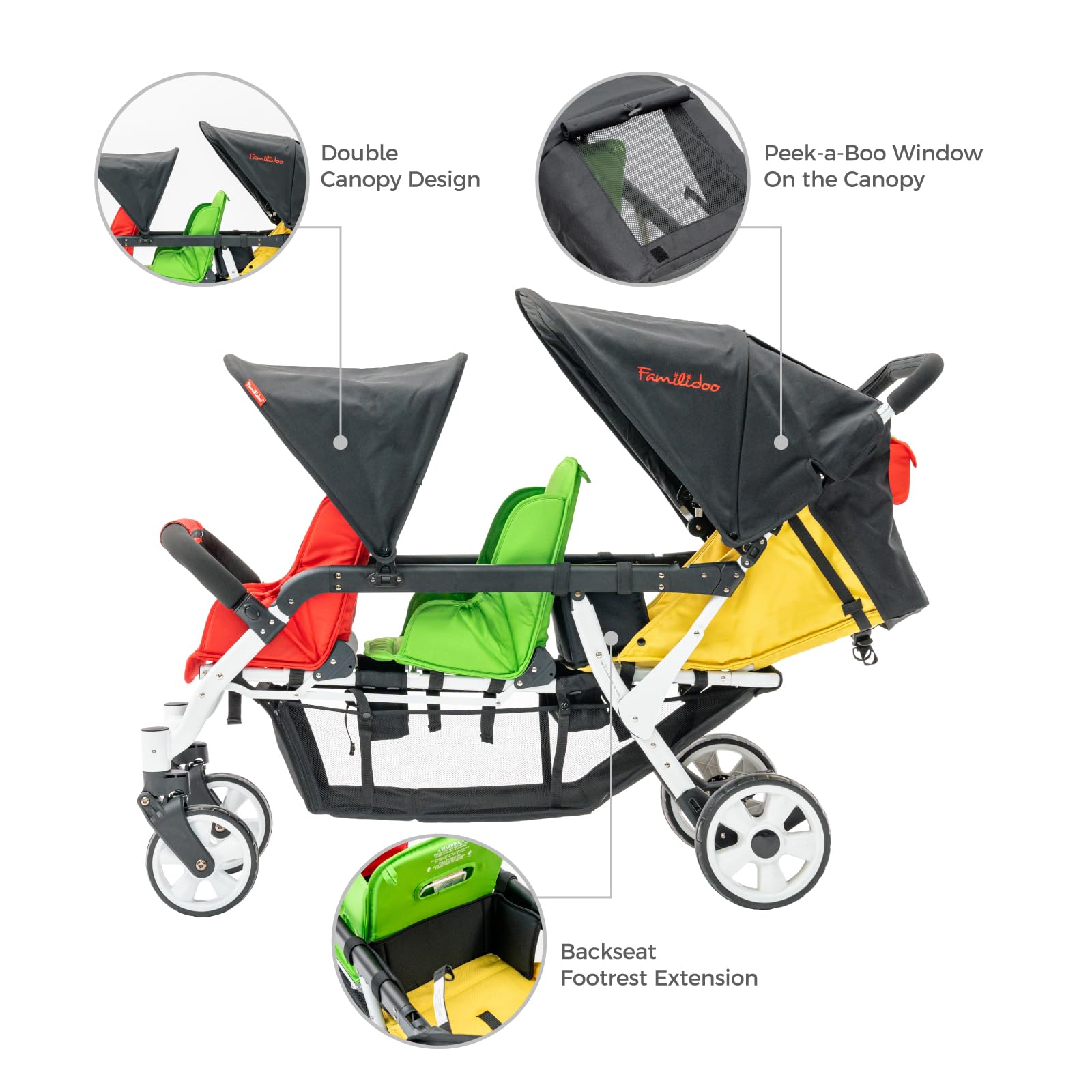 Familidoo H3E 3 Seat Baby Stroller - Lightweight Tandem Triple Stroller for Daycare with 5-Point Safety Harness - Adjustable Reclining Seats for Infants & Toddlers 0-3 Years - Compact Foldable Design - Perfect for Shopping, Travel & Family Outings