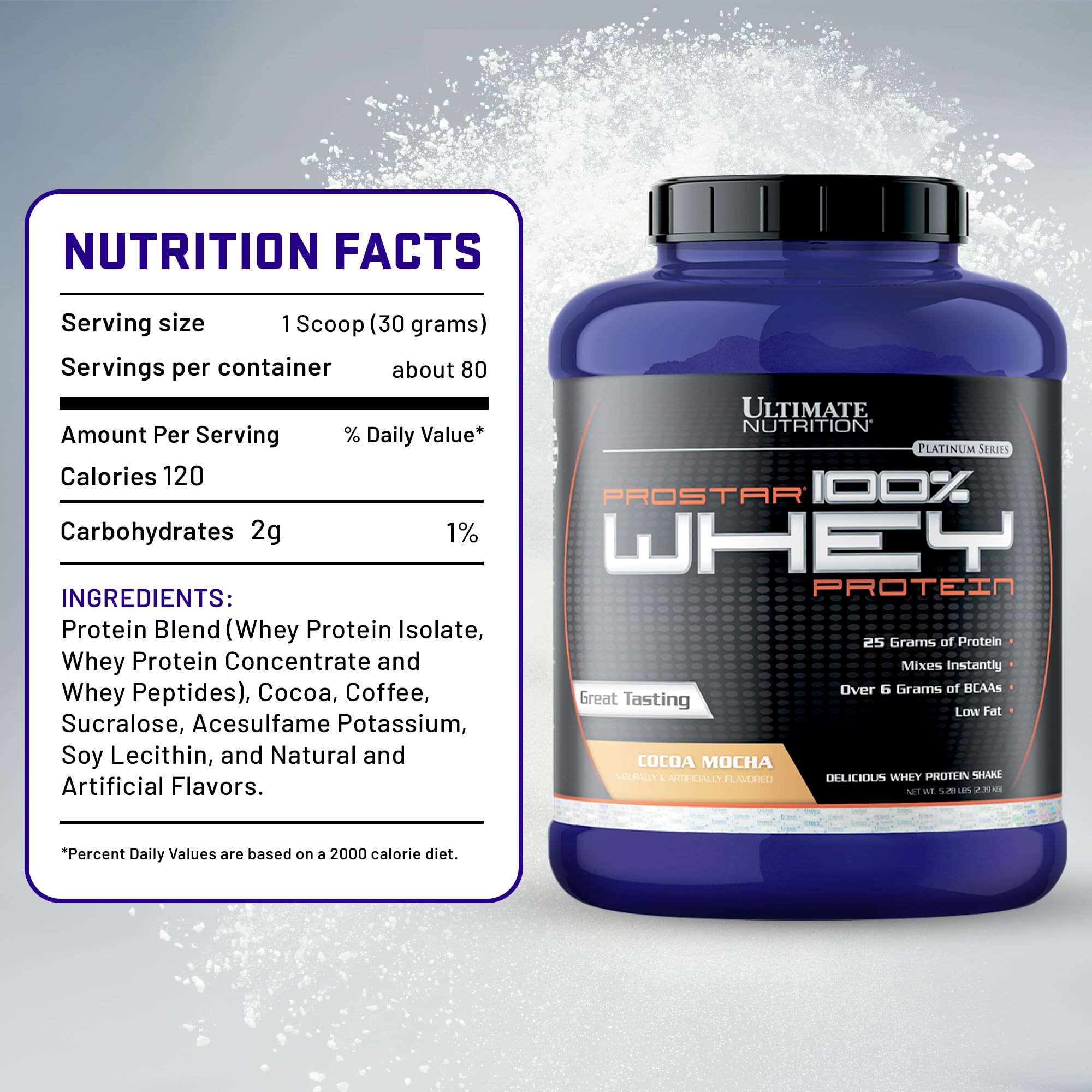 Ultimate Nutrition Prostar Whey Protein Powder Isolate, Gourmet Cocoa Mocha - 25g Protein per Serving, Low Carb, Keto Friendly Muscle Building & Recovery Powder - Post Workout Shake for Athletes & Fitness Enthusiasts - 5.28 lbs Tub (80 Servings) - Perfect for Gym, Home Workouts & Weight Management