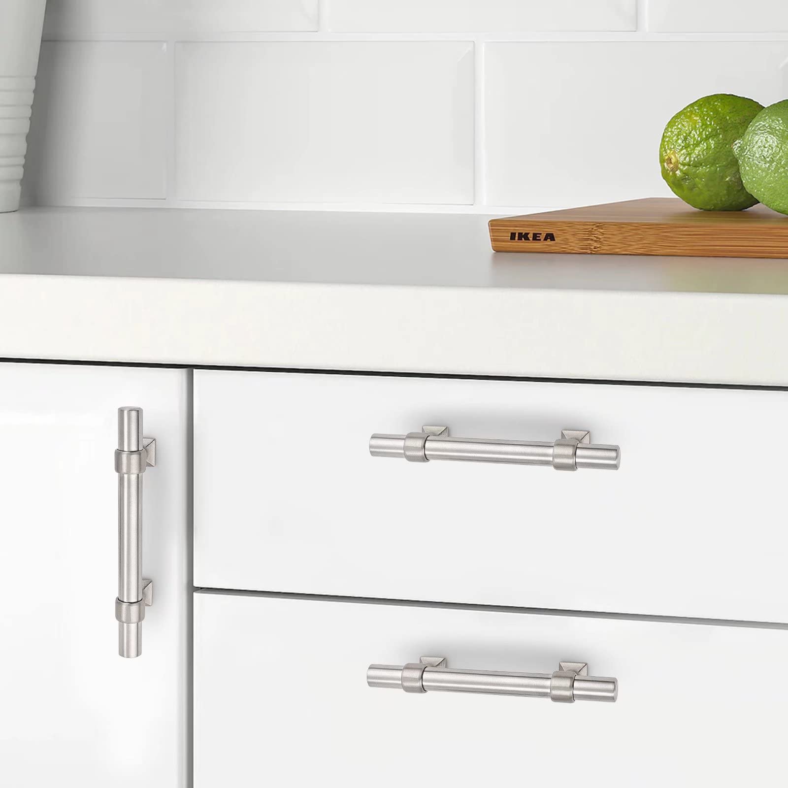 5 Pack Brushed Nickel Cabinet Handles - 3 Inch Hole Centers, Stainless Steel Kitchen Drawer Pulls with Zinc Alloy Base - 5 Inch T-Bar Dresser Pull Handle for Closets, Cabinets & Kitchen Storage Organization