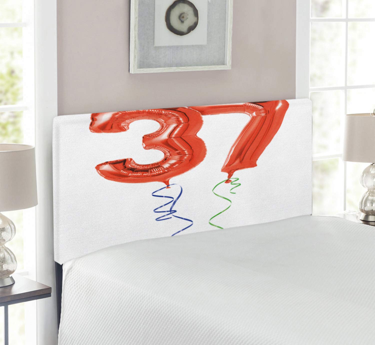 Ambesonne 37th Birthday Headboard - Flying Balloons Design Upholstered Metal Bed Frame with Memory Foam - Twin Size Red & White - Perfect for Adult Bedrooms, Guest Rooms & Birthday Party Decor
