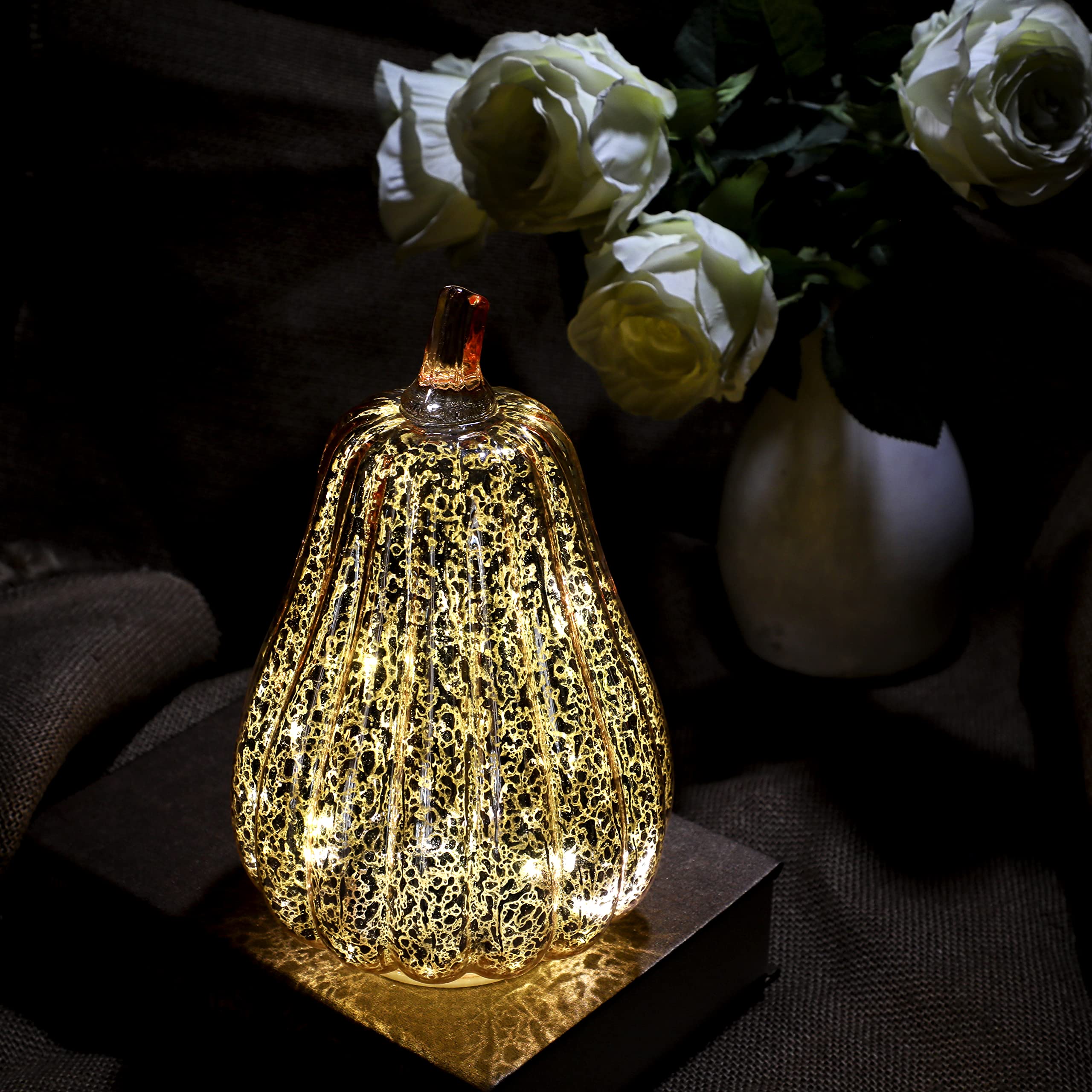 Romingo Mercury Glass Pumpkin Light with Timer - Rose Gold Halloween Decor, Fall Thanksgiving Table Centerpiece, 8.7 Inch LED Candle for Home, Party & Seasonal Decorations
