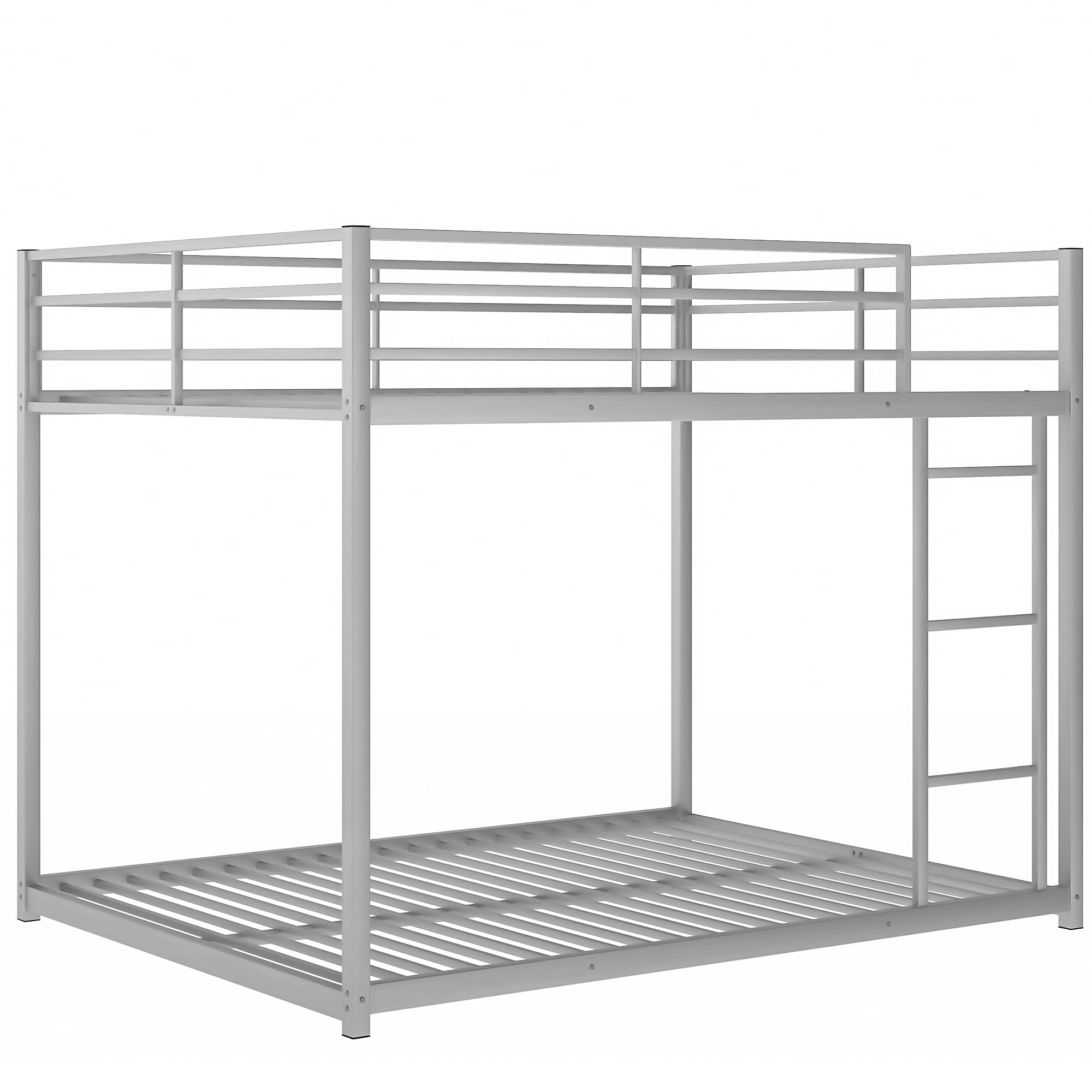Full Over Full Metal Bunk Bed with Safety Guardrails & Ladder - Space Saving 2-in-1 Bed Frame for Kids/Teens/Adults - No Box Spring Needed (Silver) - Perfect for Small Bedrooms, Dorms & Guest Rooms
