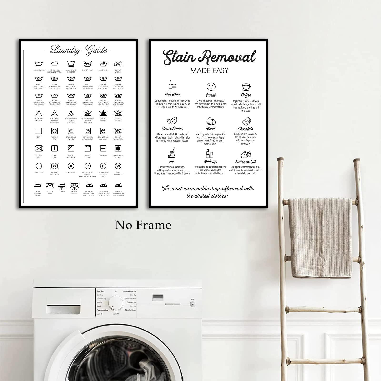 Modern Laundry Room Wall Art - Minimalist Black & White Laundry Care Guide Poster with Stain Removal Symbols (16x24 Inches, Set of 2, Unframed) - Perfect for Laundry Room Decor, Home Organization & Gift Ideas