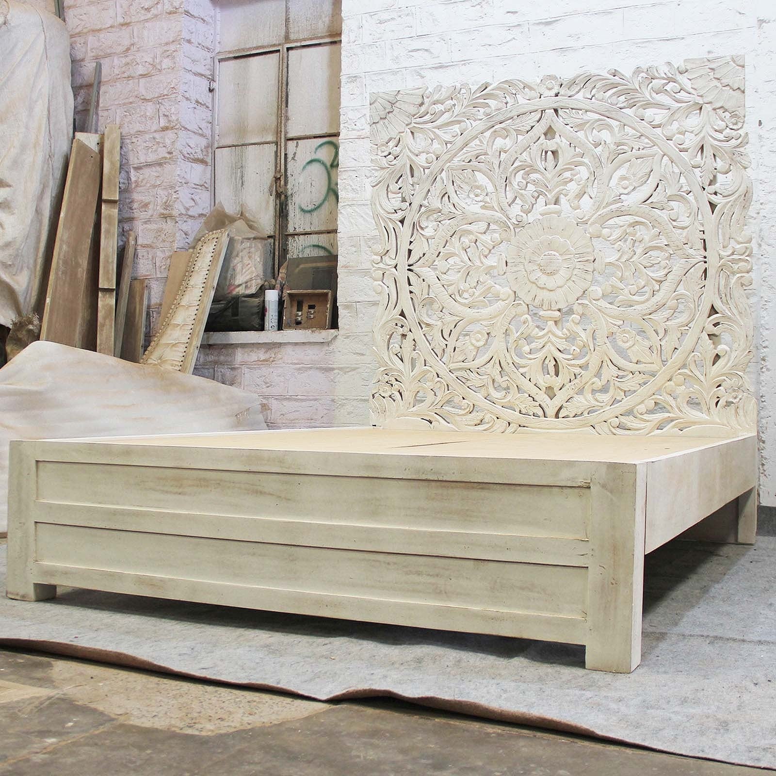 Hand Carved Indian Solid Wooden Sahara Bed Frame in White - Queen/King Size Luxury Bed Frame for Master Bedroom & Guest Room Decor