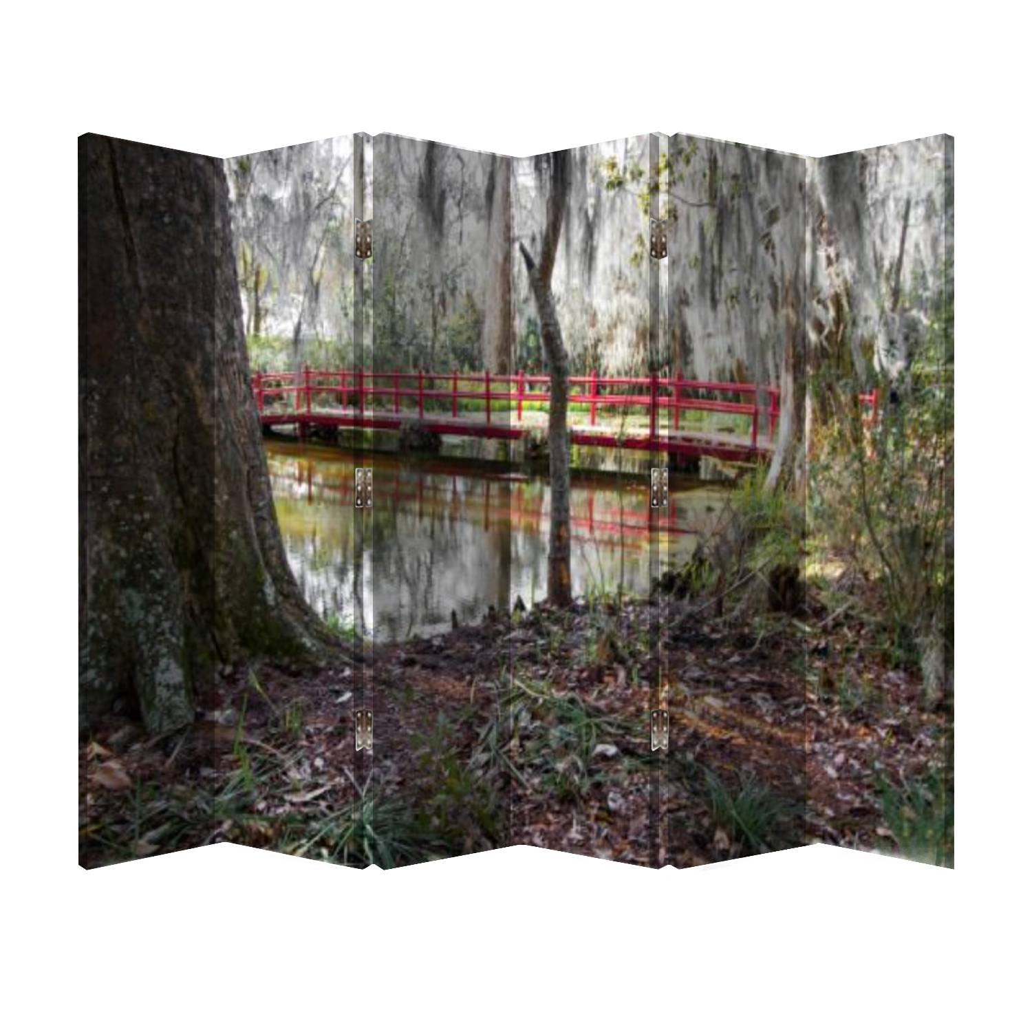 6 Panel Wooden Folding Room Divider Screen - Canvas Privacy Partition for Office, Bedroom & Living Room Decor | Portable Wall Separator for Home & Workspace | Inspired by Magnolia Gardens Footbridge Design