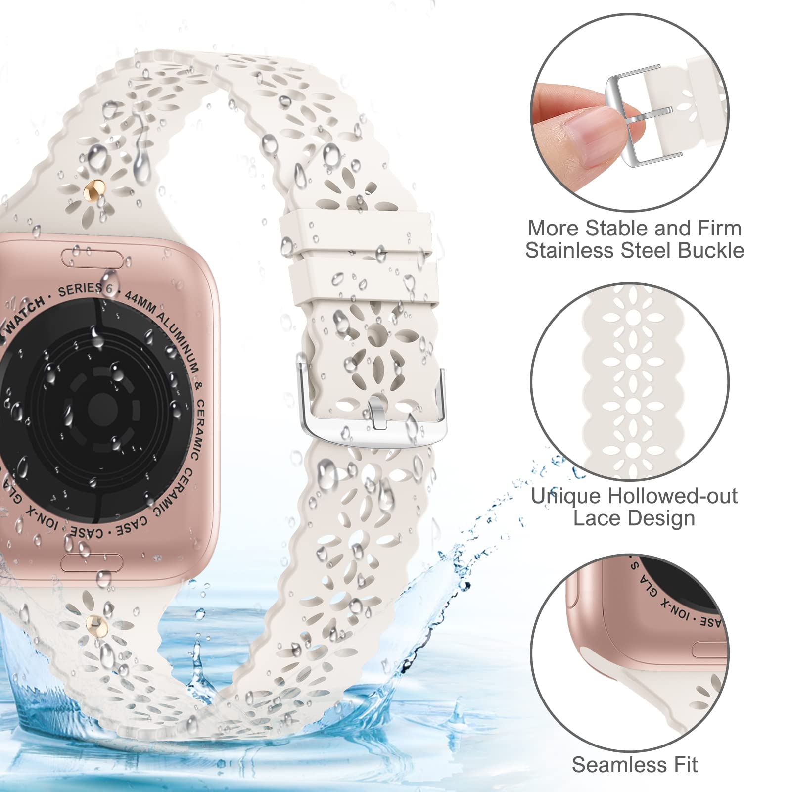 Elegant Lace Silicone Apple Watch Band with Charms - Compatible with 38mm/40mm/41mm/42mm/44mm/45mm - Fashionable Slim Sport Band for Women - Perfect for iWatch Series 7/6/SE/5/4/3/2/1 - Ideal for Workouts, Office Wear & Everyday Fashion Accessory